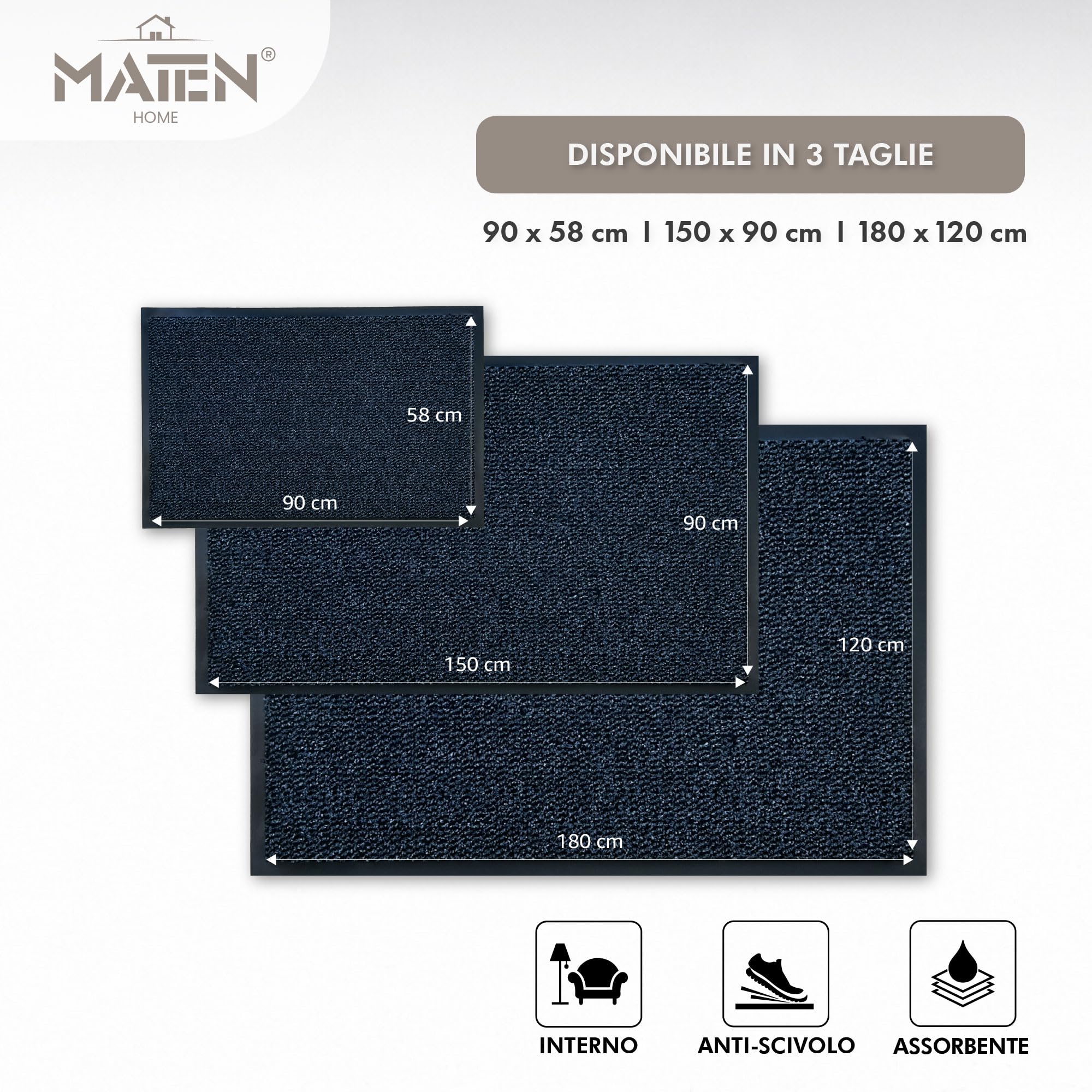 MATEN Basic Asciugapassi – Zerbino Ingresso Antiscivolo Assorbente in Tessuto assorbente e Vinile | Tappeto Antipioggia per Porta Casa, Ufficio e Condominio | 150x90 | Made in Italy