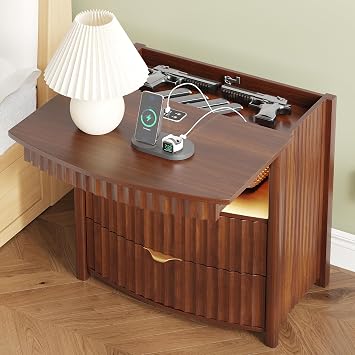 FREDEES Led Bedside Table with Hidden Drawer, Fluted Nightstand with Charger Station and Human Body Sensor, Solid Wood Night Stand With 2 Drawers and Open Shelf for Bedroom, Walnut Brown