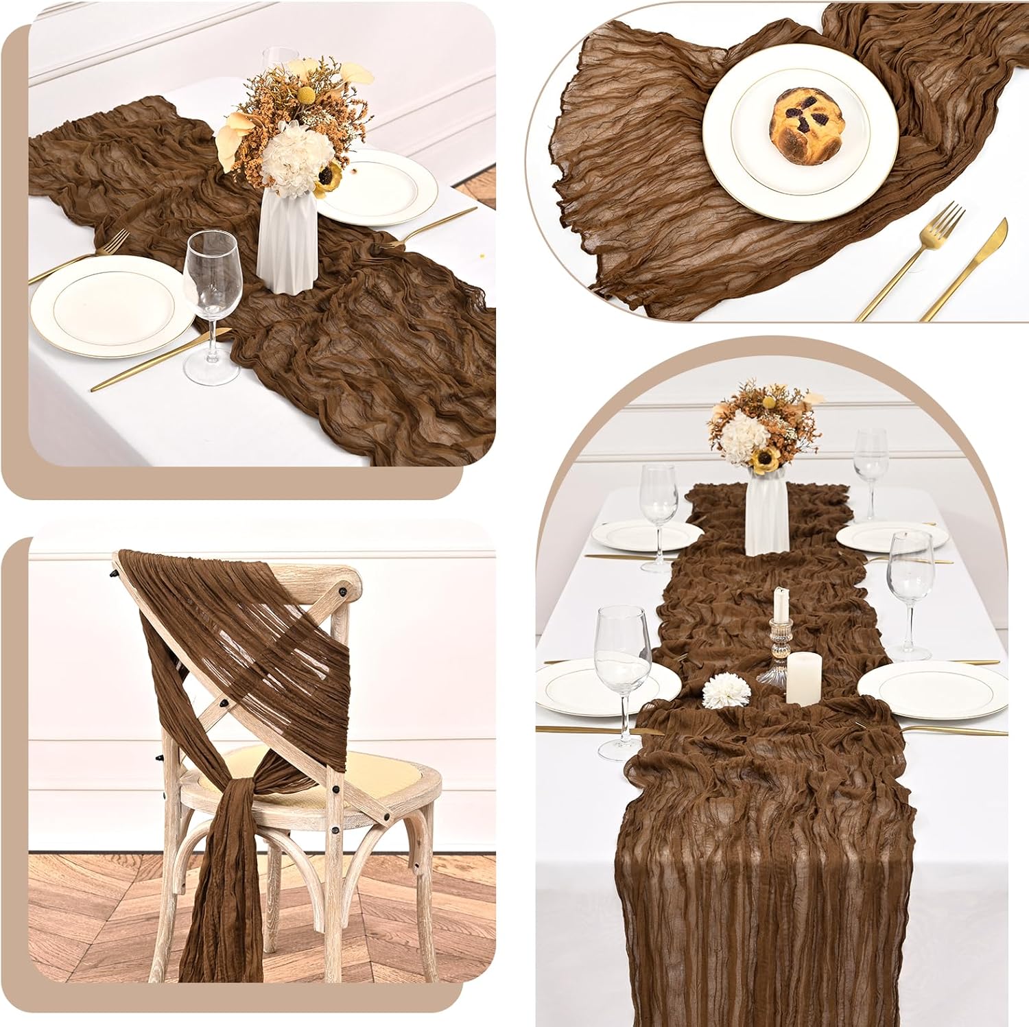 10 Pack Brown Cheesecloth Table Runner 20 x 120 Inch Rustic Gauze Boho Cheese Cloth Table Runners 10Ft for Wedding Party Bridal Shower Decoration