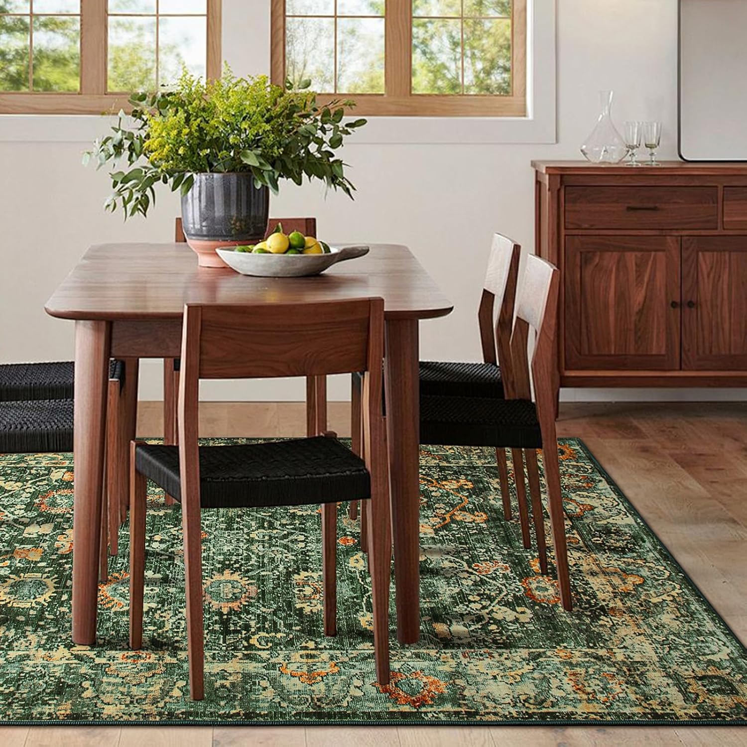 Andecor Green Washable Area Rug, 5x7 Vintage Rugs for Living Room, Bedroom, Kids Room, Nursery, Dining Room, Non-Slip Low Pile Foldable Indoor Carpets