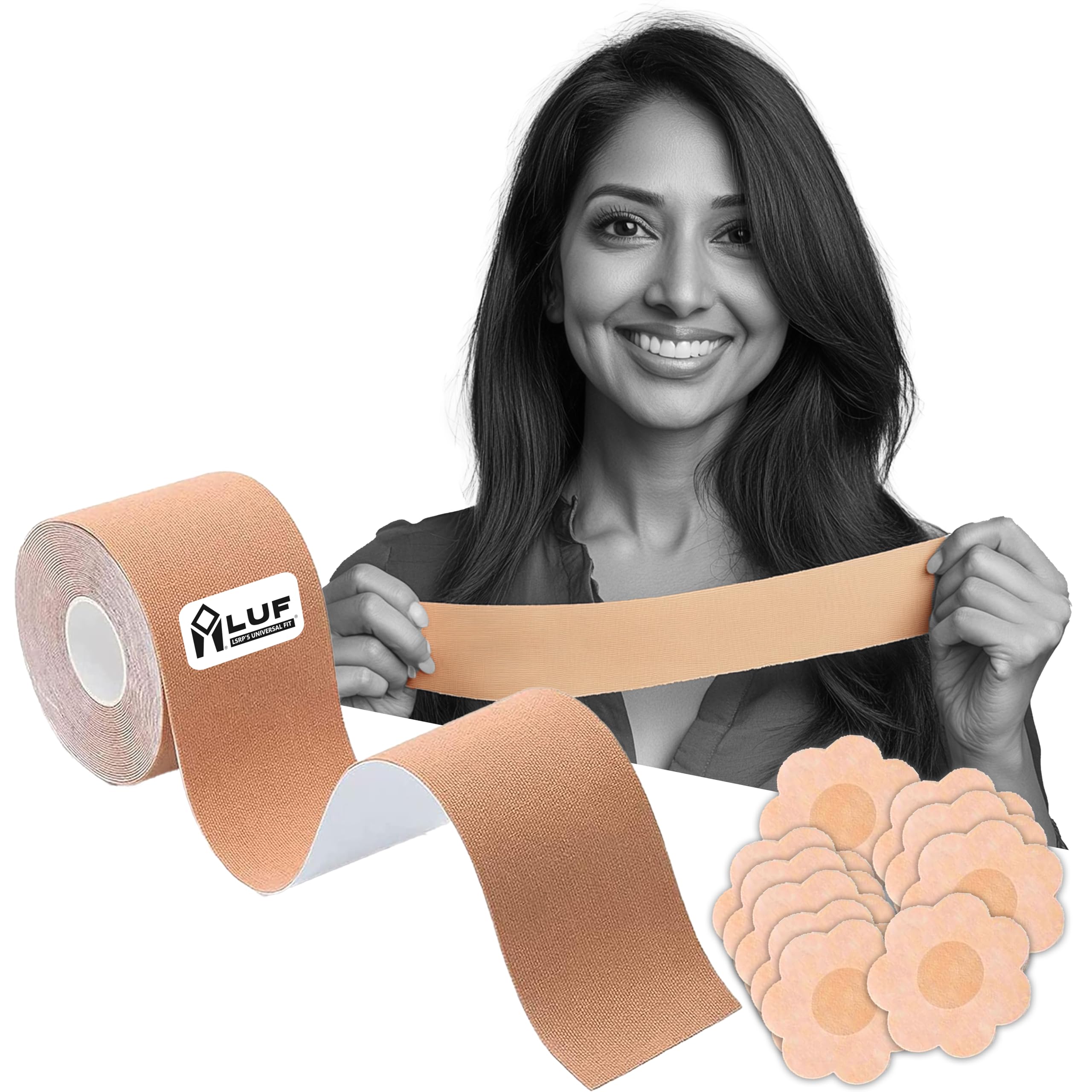 LUF Boob Tape - Waterproof & Sweat-proof Body Tape Roll with 10 Nipple Pasties - 100% Latex Free Premium Cotton Instant Breast Lifting Tape - 5 meter length - beige color-image-47