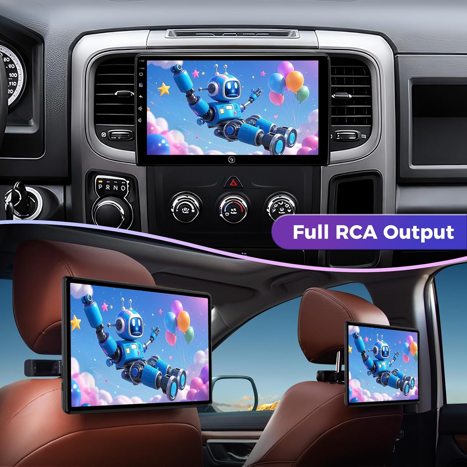 Car stereo screen displaying video content, with an additional image showing the video mirrored on rear headrest screens via RCA output