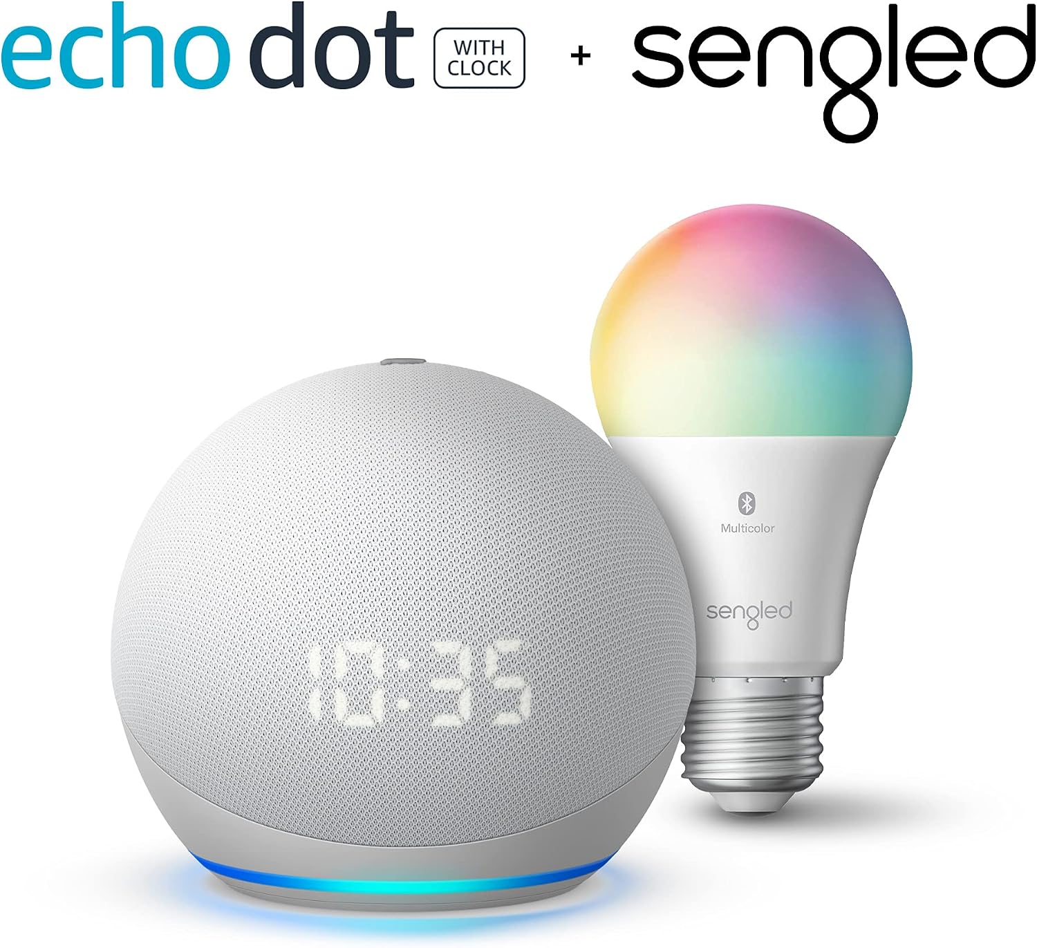 Echo Dot (4th Gen) with Clock | Glacier White with Sengled Bluetooth Color bulb | Alexa smart home starter kit