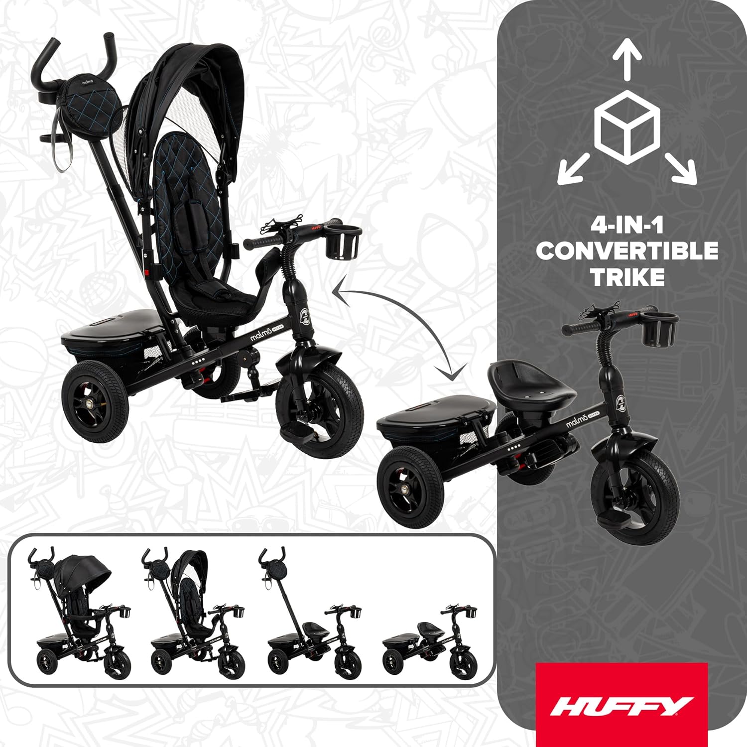 Huffy Malmo Ultra 4-in-1 Convertible Toddler Tricycle with Parent Push Handle, Removable Canopy & Cup Holder, Kids Training Trike for Boys & Girls Ages 1.5 to 3 Years, Multiple Color Options