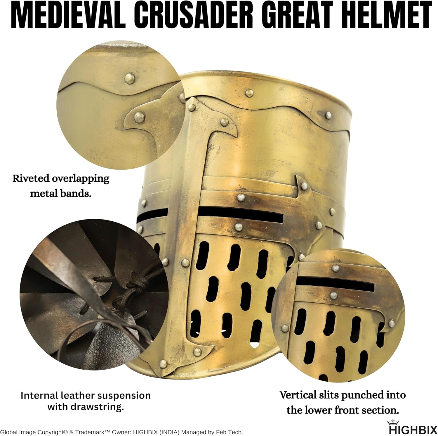 HIGHBIX Medieval Knight Helmet Great Helm – Full Size Decorative Armor Replica for Home Decor, Collectors & Cosplay – Vintage Crusader Helmet Display Piece, Metal Warrior Costume Accessory