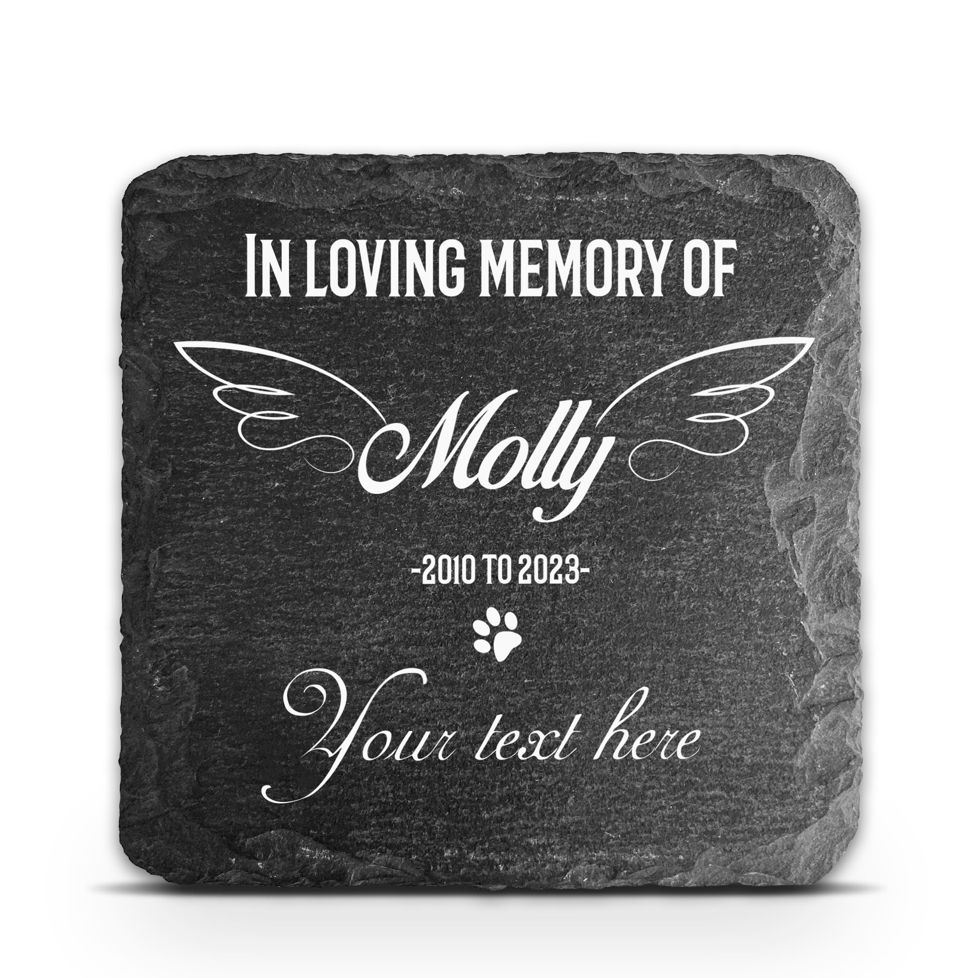 TULLUN Personalised Square Memorial Plaque For Pet Cat Dog any Animal Slate Stone Rock Frame Paw Print Grave Marker - Size 3,94" x 3,94" or 100 x 100 mm - Custom Text