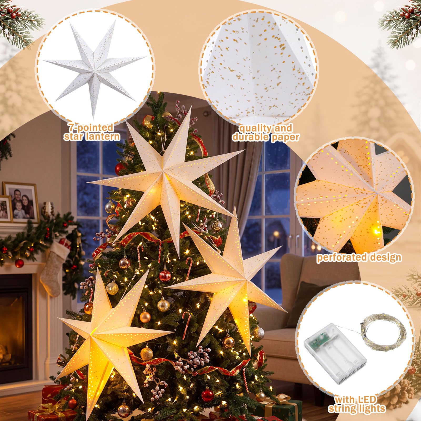 Sabary Papierstern-Laterne, 73 cm, extra groß, Weihnachtspapiersterne, Lampenschirm, 7 spitze Sterne, hängende Ornamente für Weihnachten, Neujahr, Hochzeit, Party, Urlaub, Geburtstag, Party