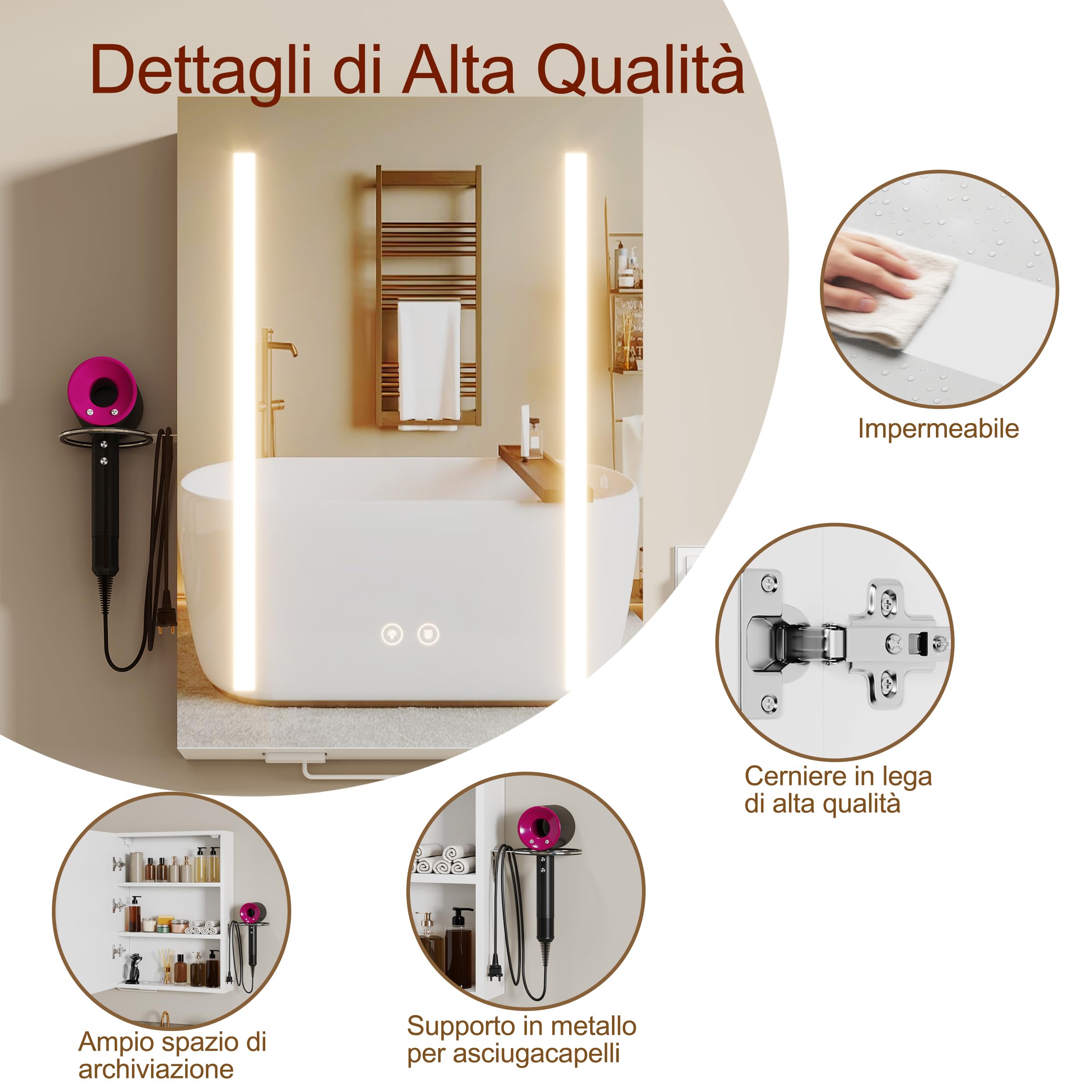 Specchio Bagno Contenitore con 3 Colori Luce e 1 AC/2 USB, Armadio Specchio Bagno con Deumidificazione con 1 Tocco e Funzione di Memoria & con Mensola Regolabile(50x70x15cm,Bianco)