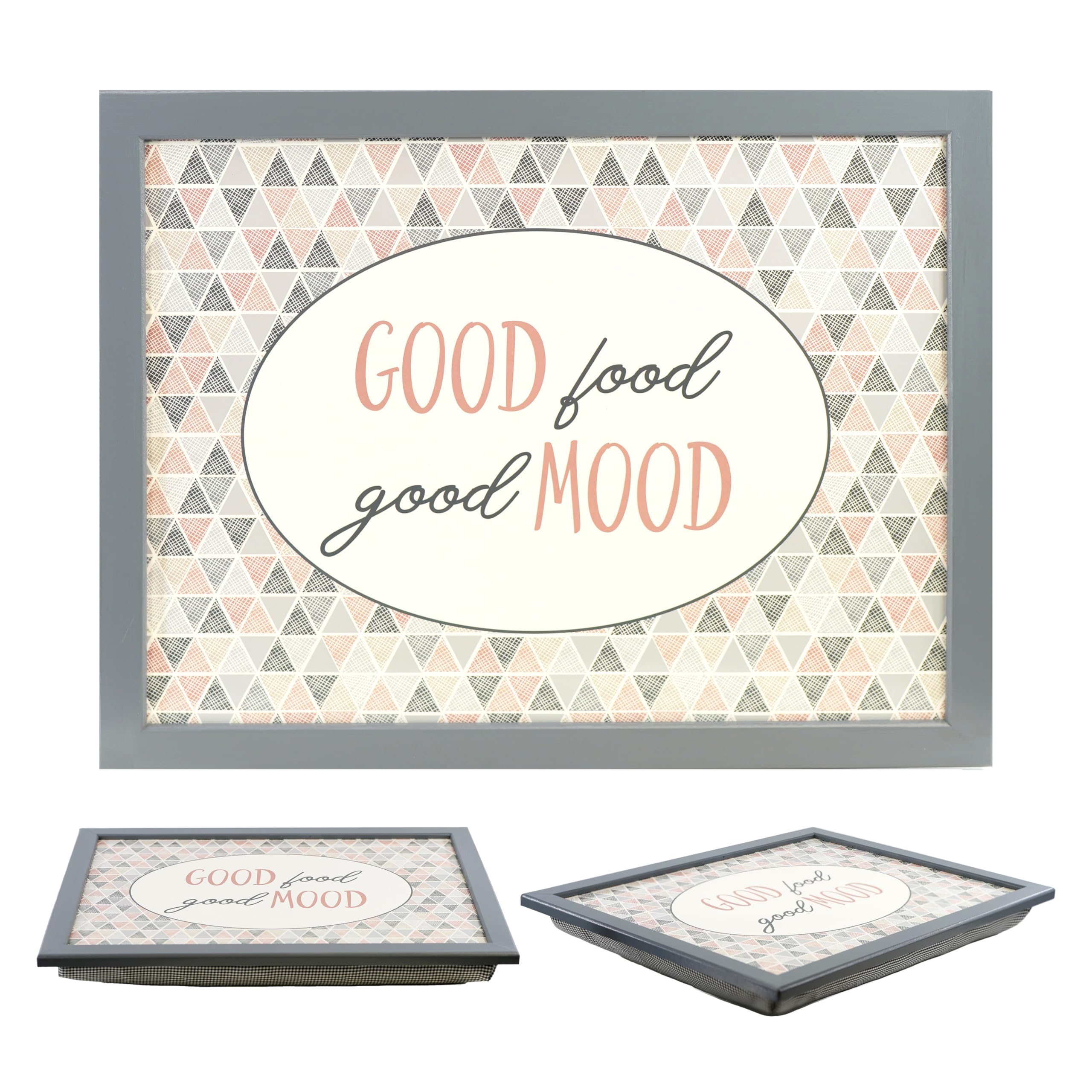 MTS Wooden Lap Trays with Bean Bag Cushion - Good Food Good Mood Design - Large Padded Tray for Adults - Suitable for Food, Work, Art, Studies, TV, Sofa, Bed - Great for Food Lovers