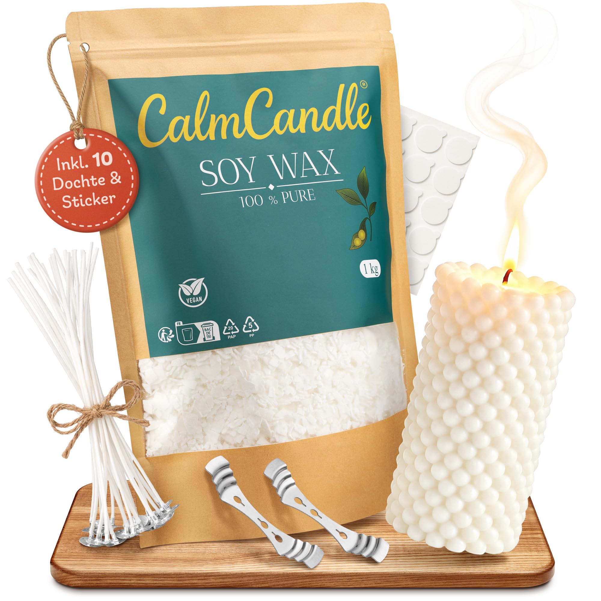 CalmCandle® 5 kg premium sojawas, incl. 50 lonten, 50 zelfklevende stickers & 2 lonthouders, 100% plantaardig en wit, 5 kg kaarswas om zelf kaarsen te maken, doe-het-zelf was voor het gieten van