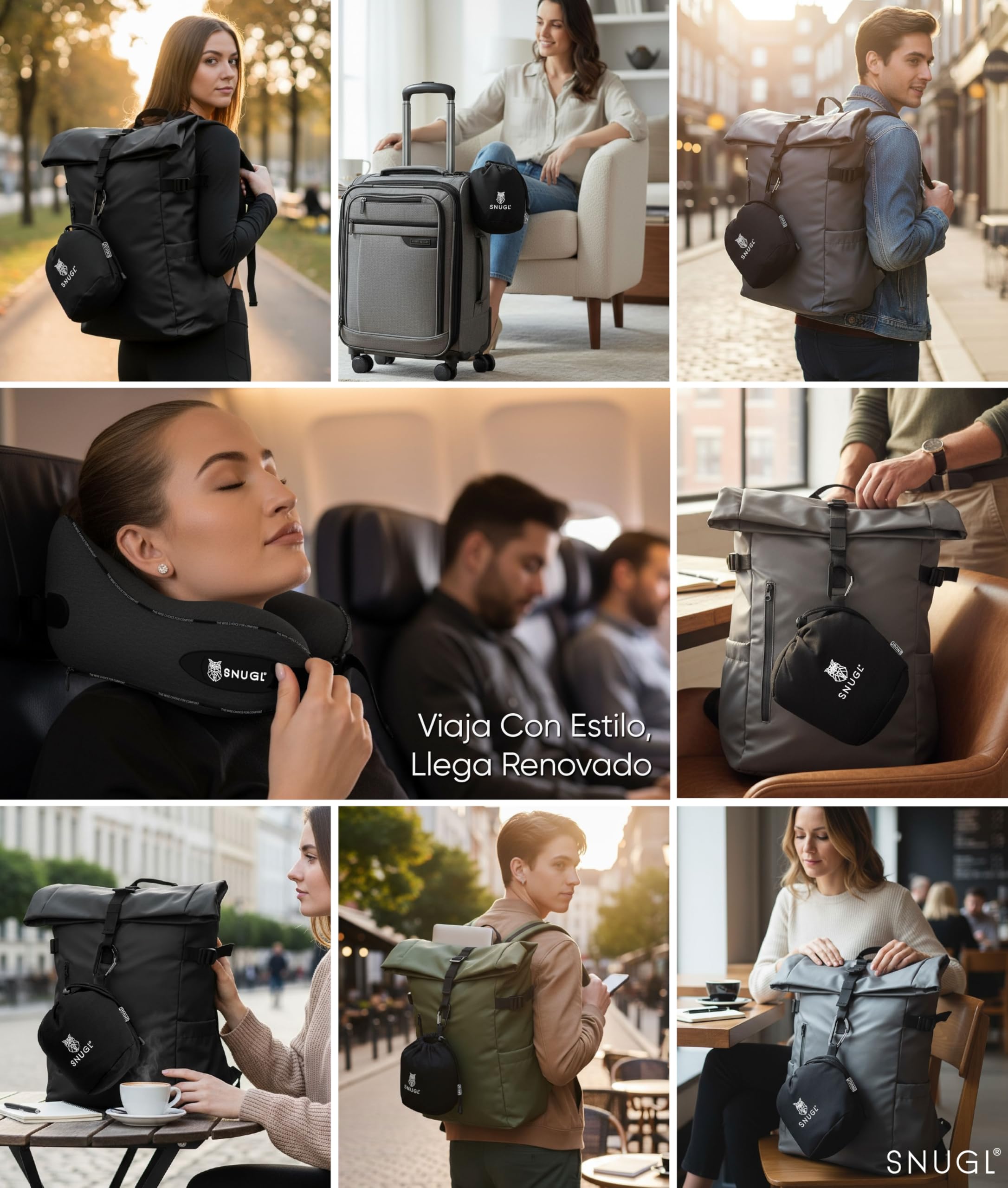 SNUGL Almohada de Viaje Ergonómica – Cojín Cuello Viaje de Espuma Viscoelástica | Almohada Cervical con Bolsa de Transporte para Coche y Avión | (Negro - Adulto Pequeño)