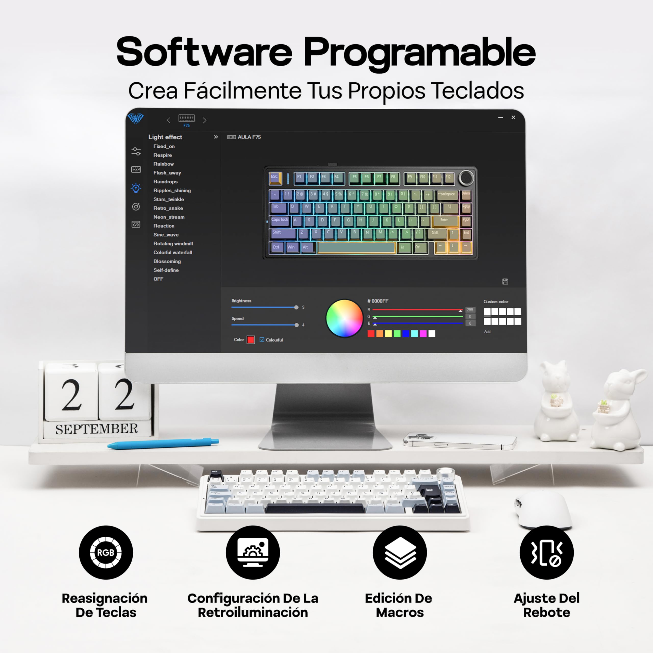 MechLands Aula F75 75% Teclado Mecánico para Gaming, Distribución QWERTY Español, Retroiluminación RGB, Teclado BT5.0/USB-C/2,4 GHz con Mando Giratorio, Reaper Switches para Win/Mac (Azul Claro)