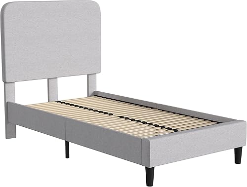 Miniatura 2 de Taylor & Logan Adaire - Base de cama tapizada de tela con cabecero redondeado en gris claro, tamaño individual