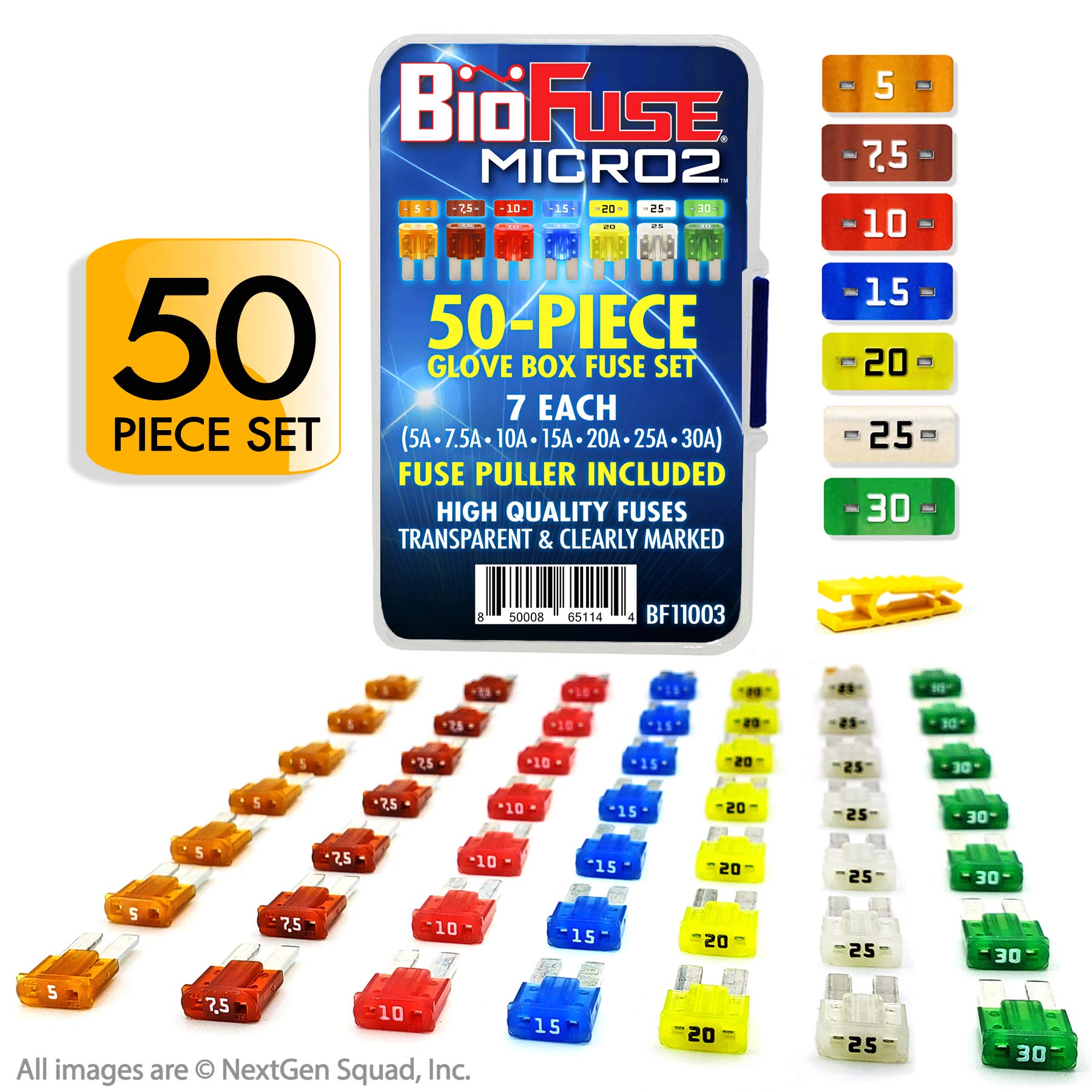 Micro2 APT ATR - Set di 50 fusibili per auto, assortimento di guanti, accessori per auto (49 fusibili a lama + estrattore di fusibili) 5A 7,5A 10A 15A 20A 25A 30A