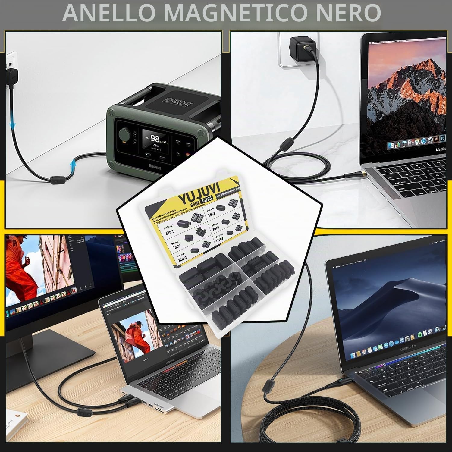 Ferrite Anello Nucleo 48 Pezzi Anello di ferrite Core nero Clip-on Ferrite Core RFI EMI Rumore Soppressore Cavo Clip 3.5mm - 13mm Diametro Interno per cavi USB RFI EMI (6 diverse 48 Pezzi)