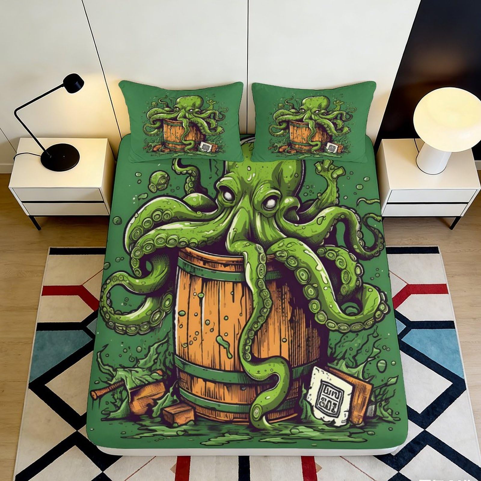 3D Printed Octopus Barrel Fitted Sheet Microfiber Deep Pocket Non-Slip Octopus Barrel Mattress Fitted Cover Washable Bedding 140x200x25cm