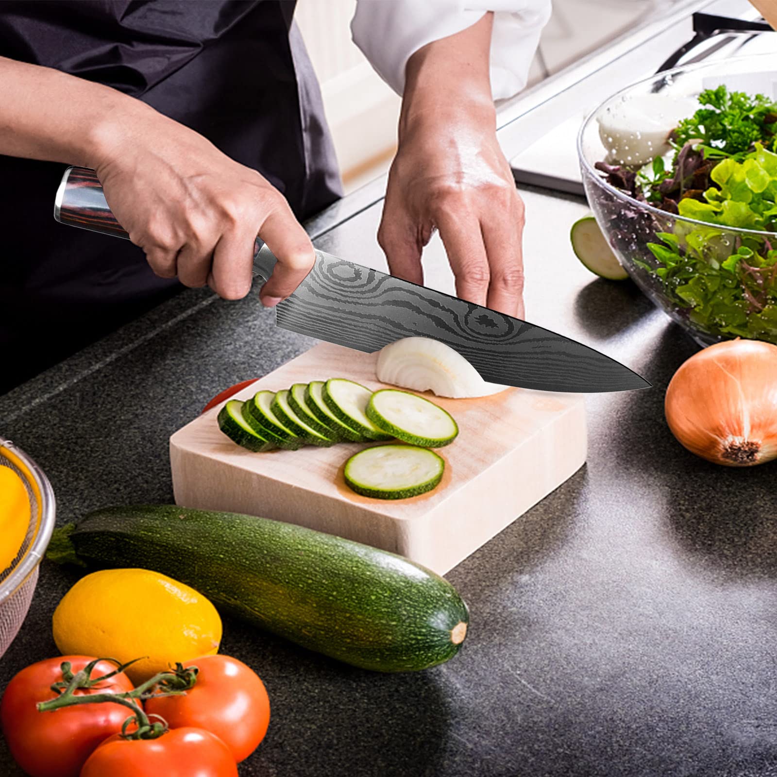 Couteau Cuisine 10 Pièces Couteaux de Cuisine Ultra Sharp, avec Poignée Ergonomique Anti Dérapante, Idéal pour la Cuisine à Domicile et Restaurant