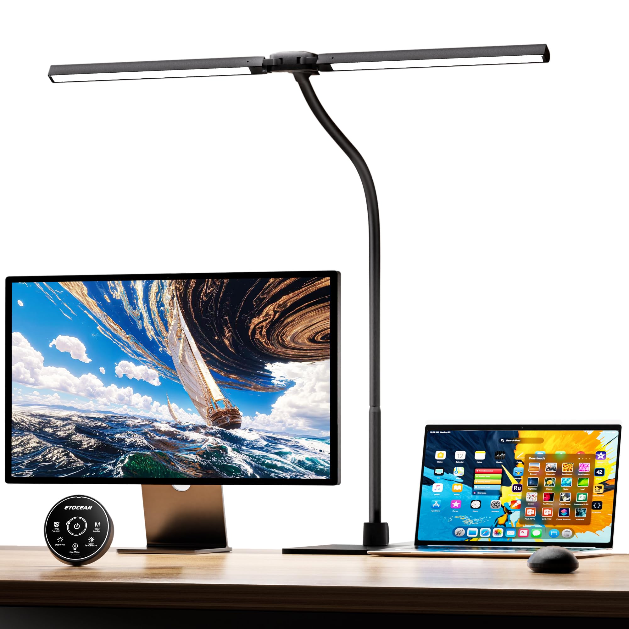 EYOCEAN Schreibtischlampe, Doppelkopf Schreibtischlampe Kinder, Augenschutz Desk Lamp, 16W 72cm Tageslichtlampe Schreibtisch mit Fernbedienung, Dimmbare Monitor Lampe, Schwanenhals Büro Tischlampe