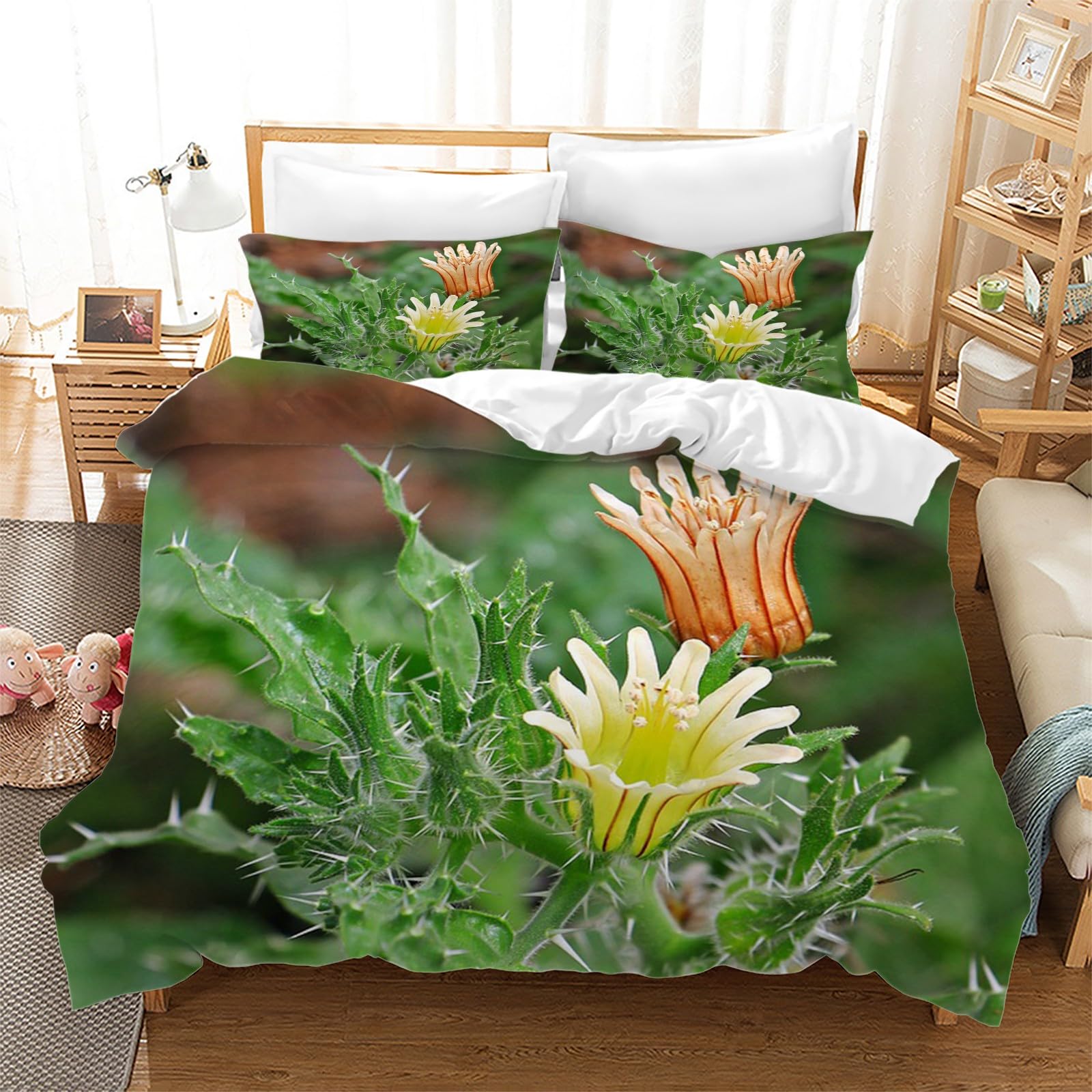 Generisch AK1258 Pościel w kolorze żółto-pomarańczowym kwiatowym, 155 x 220 cm, 3-częściowy zestaw pościeli z oddychającej i miękkiej mikrofibry, 2 poszewki na poduszki z zamkiem błyskawicznym AK1258