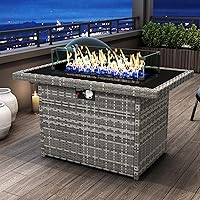 Vista 1 de Mesa para fogón de gas propano de 44 pulgadas para patio exterior, fogón rectangular al aire libre de mimbre de ratán de 60000 BTU con protector