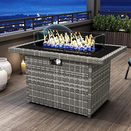 KHOLH Mesa de fogata de gas propano de 44 pulgadas para patio exterior, 60000 BTU rectangular de mimbre al aire libre con protector de viento de