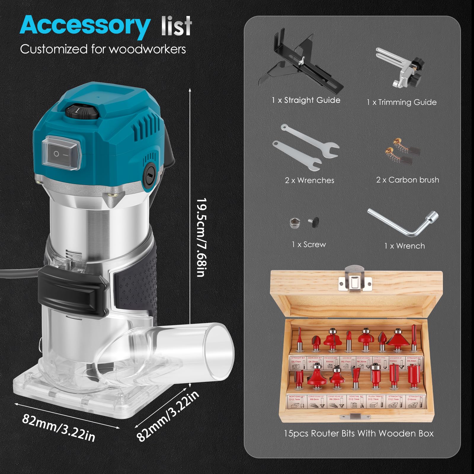 Rifilatore fresatrice verticale per legno 800W con 15 pezzi, fresa in metallo duro, 6,0 + 6,35 mm, pinza di serraggio 30.000 giri/min, con attacco di aspirazione della polvere, 6 velocità