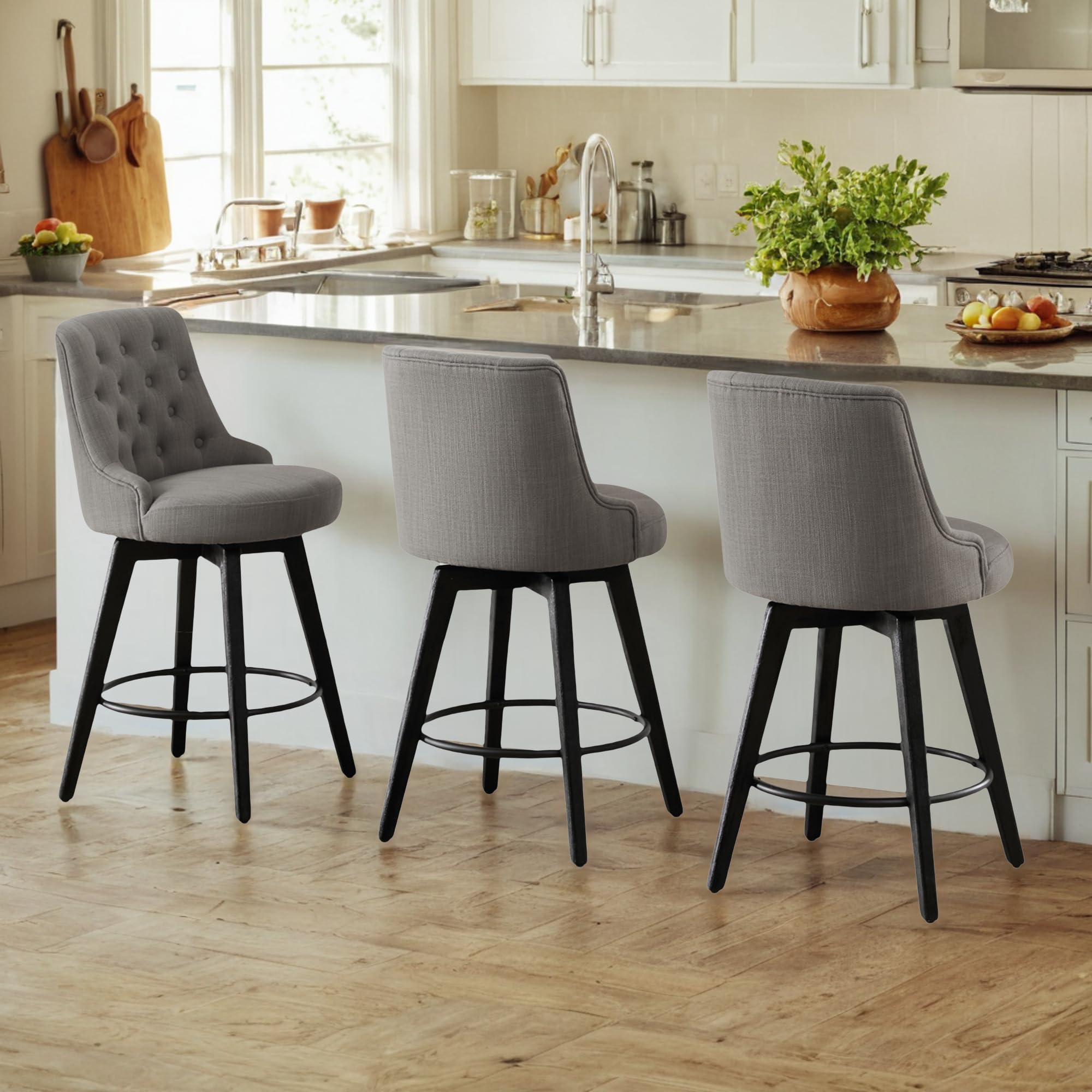 Watson & Whitely Counter Height Bar Stools Set of 3, Performance Fabric Upholstered Modern Swivel Barstool with Back, Solid Wood Legs, 26" H Seat,