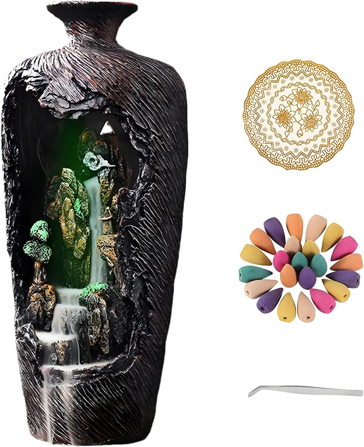 11.3in Large Vase Backflow Incense Holder,Resin Mountains