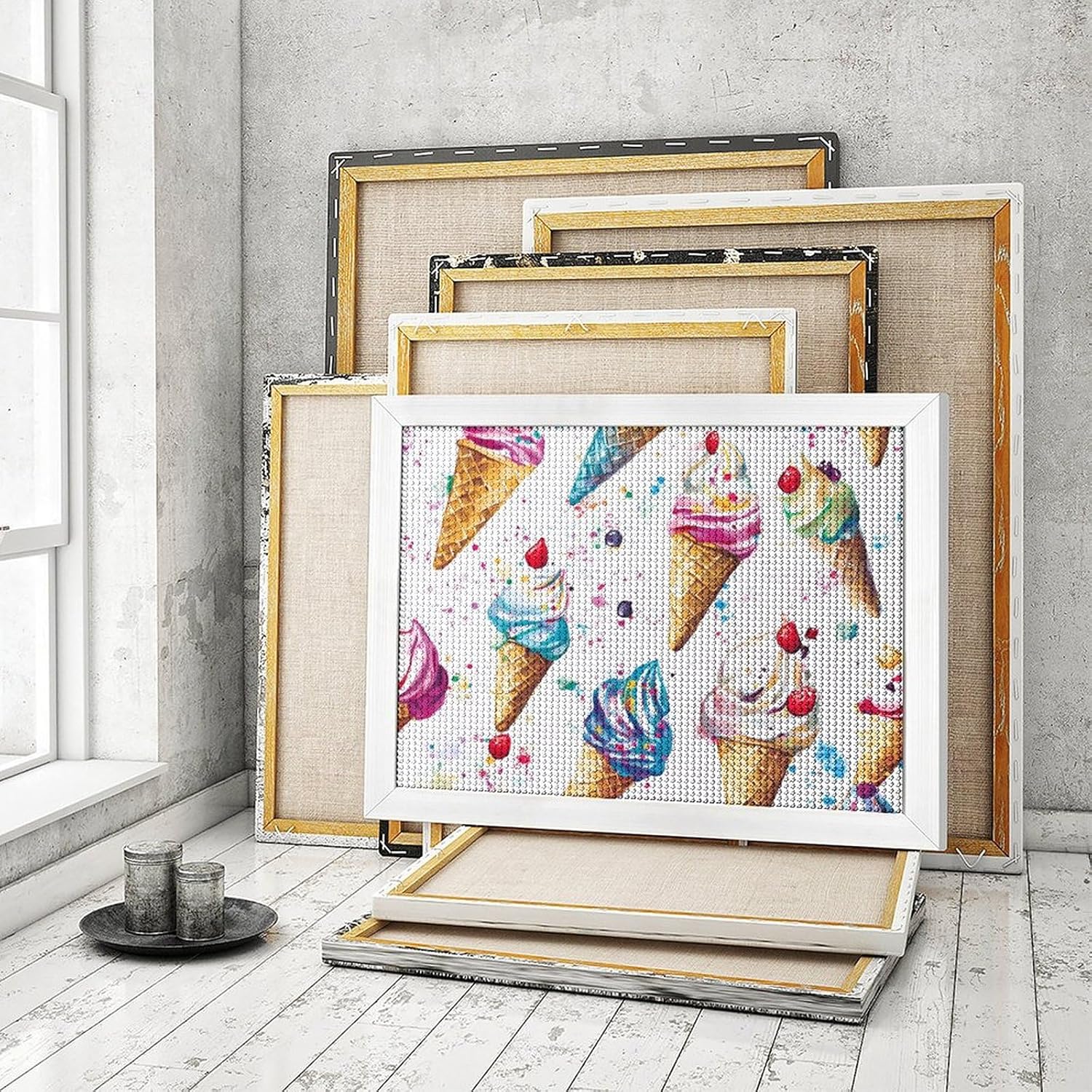Ice Cream Cones Printed Diamond 5D Painting Kit 16x20in DIY Full Drill Craft with Tools for Home Wall Decor Gift White Wood 50 * 40cm