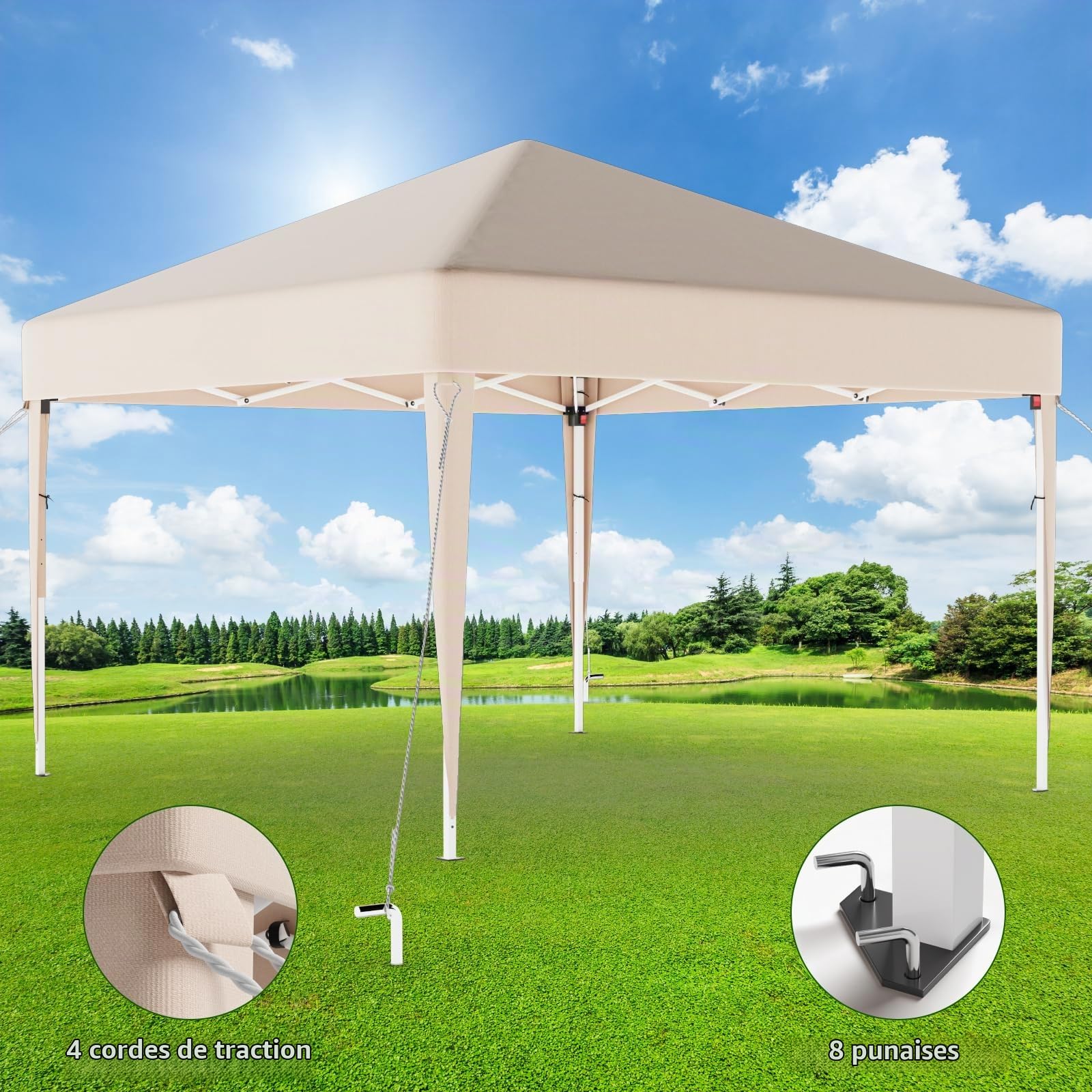 TRIUMPHKEY Tonnelle Pliante 3x3 Imperméable Anti-UV 50+, Barnum Pliant 3x3 Réglable en Hauteur, Tonelle pour Jardins, Cours, Foires, Etc, Beige