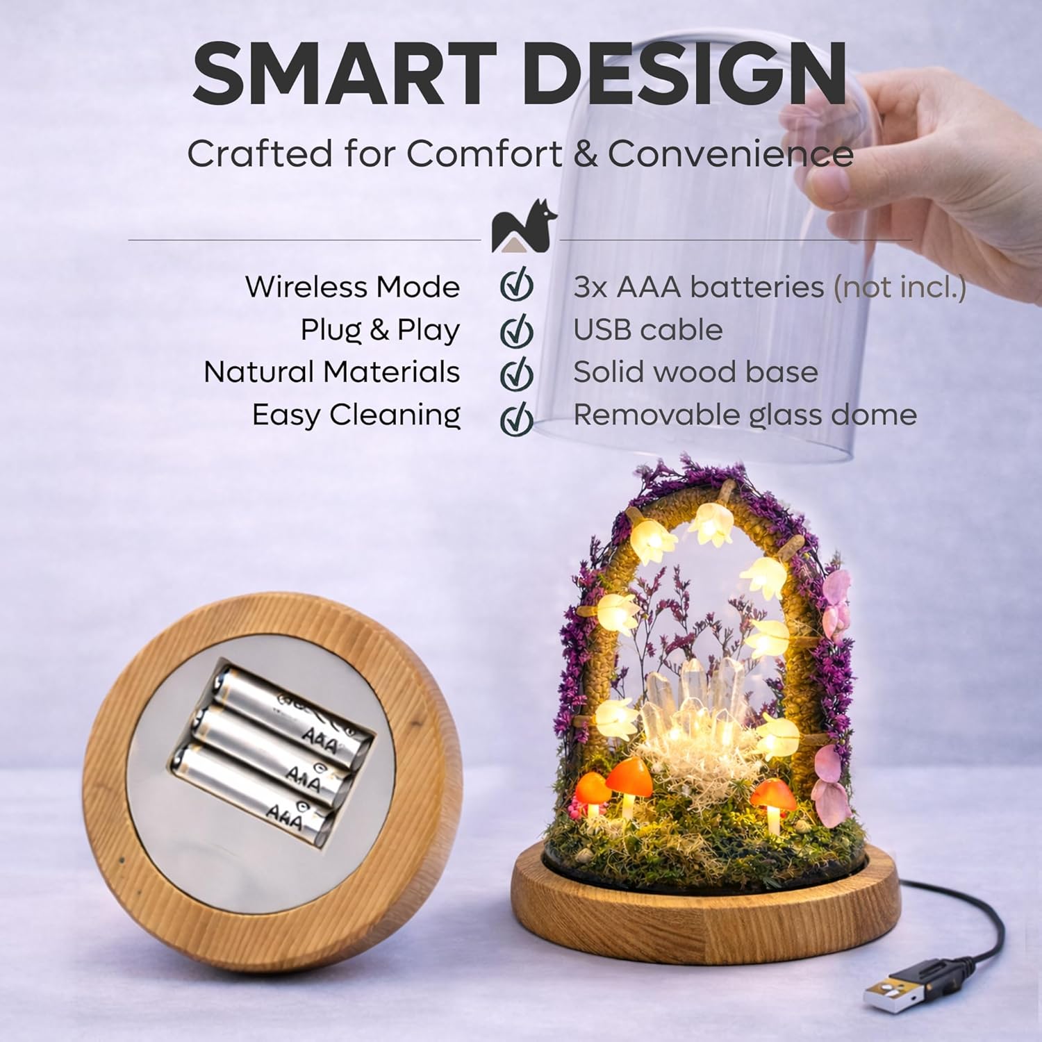 Mushroom Night Light Lamp - Handmade Glass Dome Fairy Light with Solid Wood Base, USB or Wireless, Cozy Aesthetic Bedside Table Decor, Unique Gift | Purple Rain
