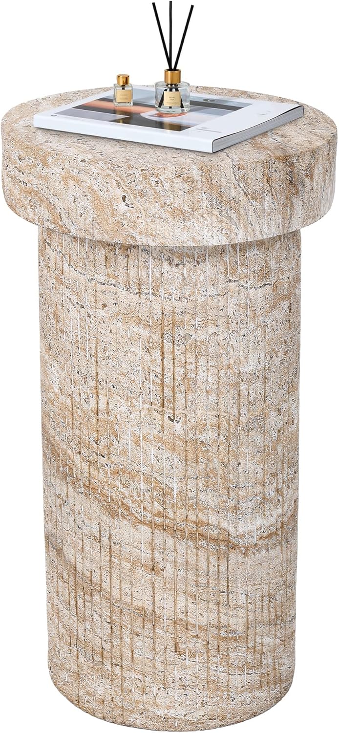 Side Table, 24" Travertine Pedestal End Table, 3-in-1 Durable Lightweight Outdoor Round Coffee Table, Decorative Patio Accent Table Fluted Garden Stool Art Decor for Balcony, Living Room, Beige
