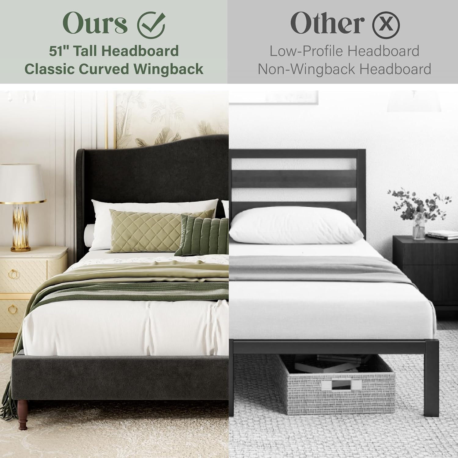 Queen Size Upholstered Platform Bed Frame, 51" Tall Chenille Fabric Headboard with Classic Curved Wingback Design, Vintage Solid Wood Legs, No Box Spring Needed, Easy Assembly & Noise-Free, Black