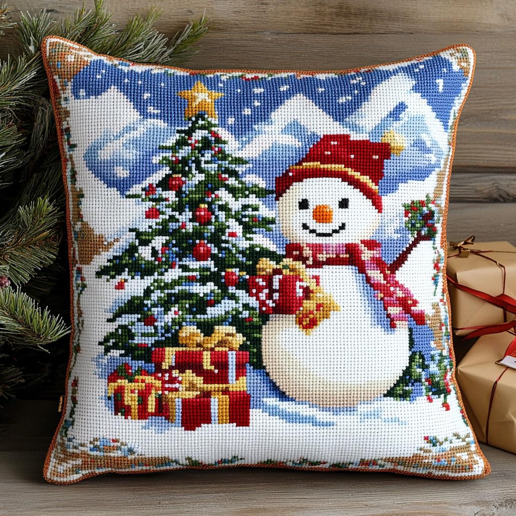 AMBATTERY Pre-Printed Cross Stitch Pillow, Christmas Snowman in Winter Throw Pillow 45X45cm Needlepoint Craft Set Cushion Kit pre Printed Handmade Cushion Cover Kit Stitched Cushion Kit