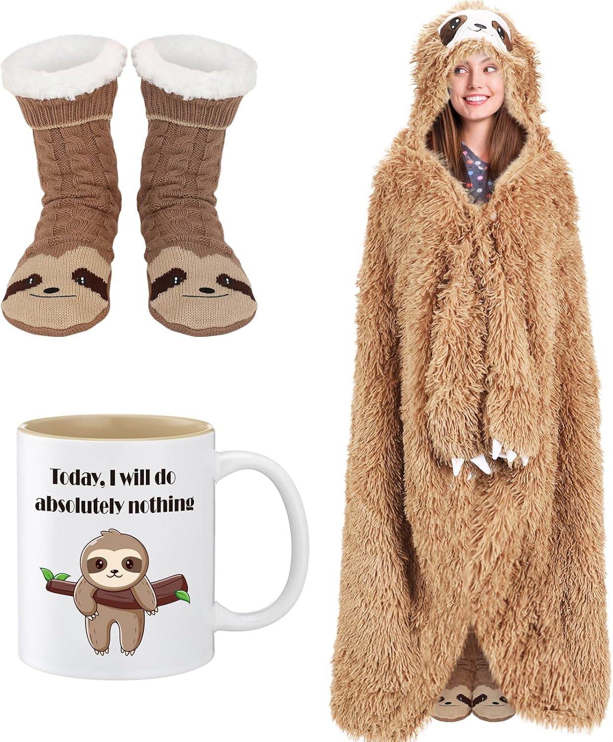 3 Pcs Gifts for Women Blanket Fuzzy Slipper Socks 11oz Mugs Gifts for Women Animals Lovers Birthday Christmas Gifts (Khaki,Sloth)