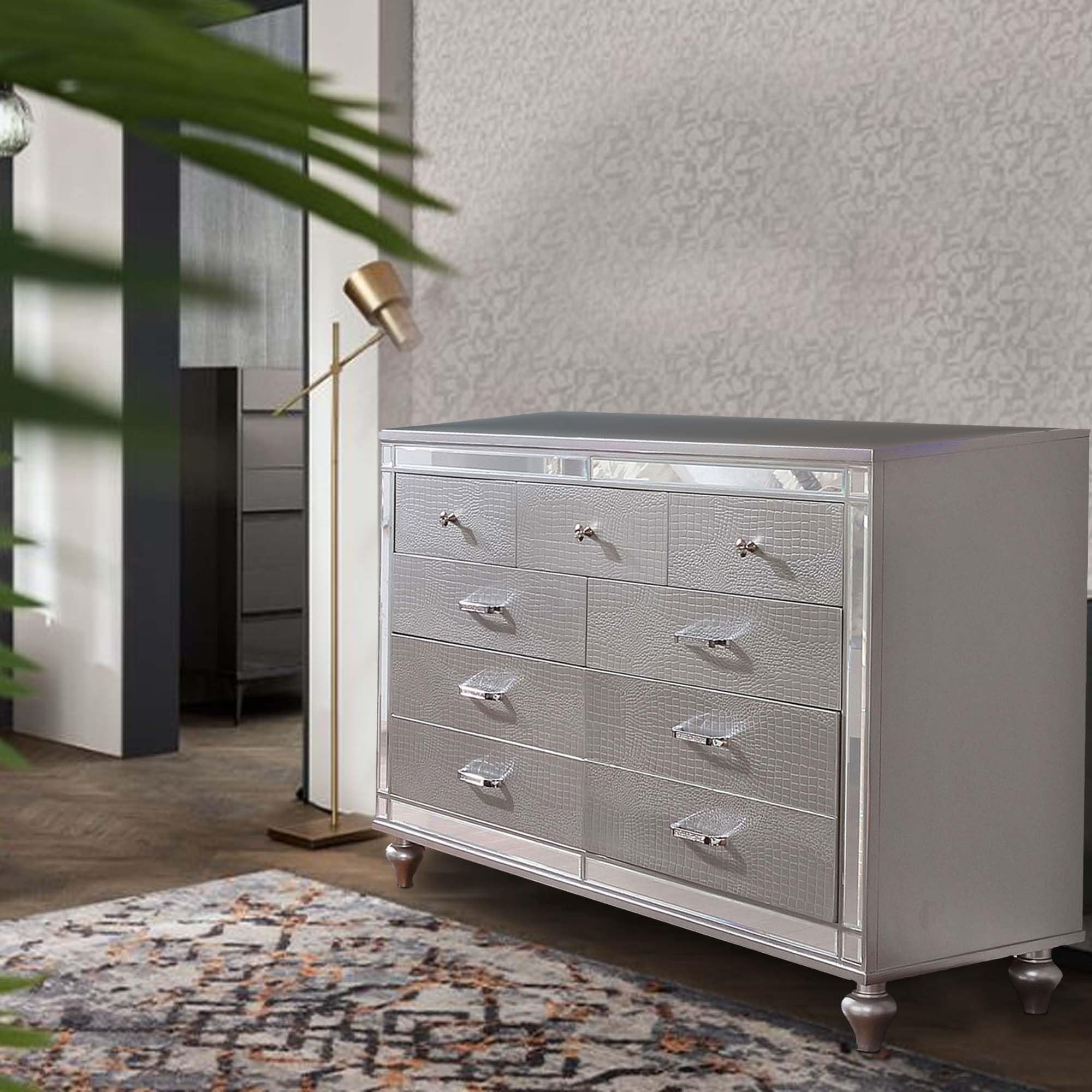 silver finish dresser New Classic Furniture Silver Sands 2 Piece Dresser and Mirror-Gray