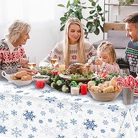 1 Pieces Snowflake Christmas Party Tablecloth Decorations,Plastic White Snowflake White Blue Xmas Backdrop Sign Table Cover Banner for Winter Christmas Holiday Party Supplies,54x108 inchWhite/Blue