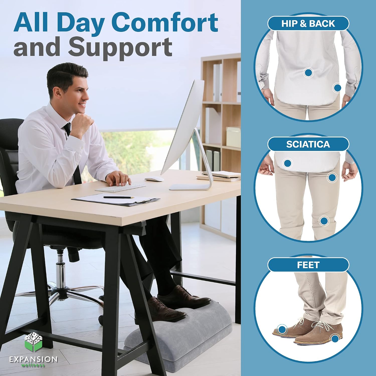Expansion Wellness Upgraded Foot Rest for Under Desk at Work - Adjustable Height Memory Foam Cushion for Back & Hip Pain Relief - Ergonomic Foot Stool Rocker Pillow for Home, Office & Travel