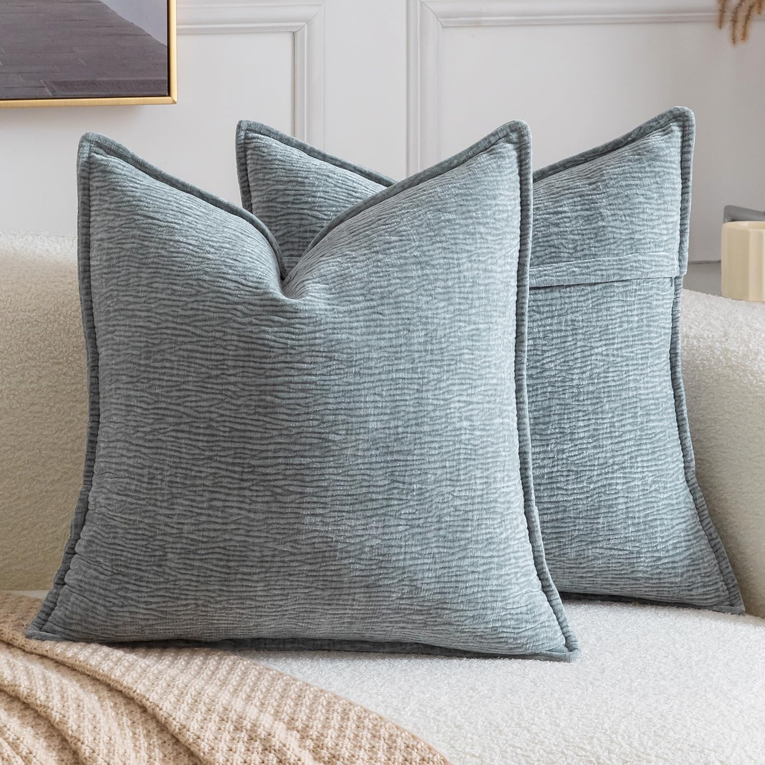 Madizz Pack of 2 Decorative Cushion Covers Soft Chenille Throw Pillows Solid Textured Euro Sham Covers for Couch Sofa Bedroom Living Room 60x60 CM, Pale Blue