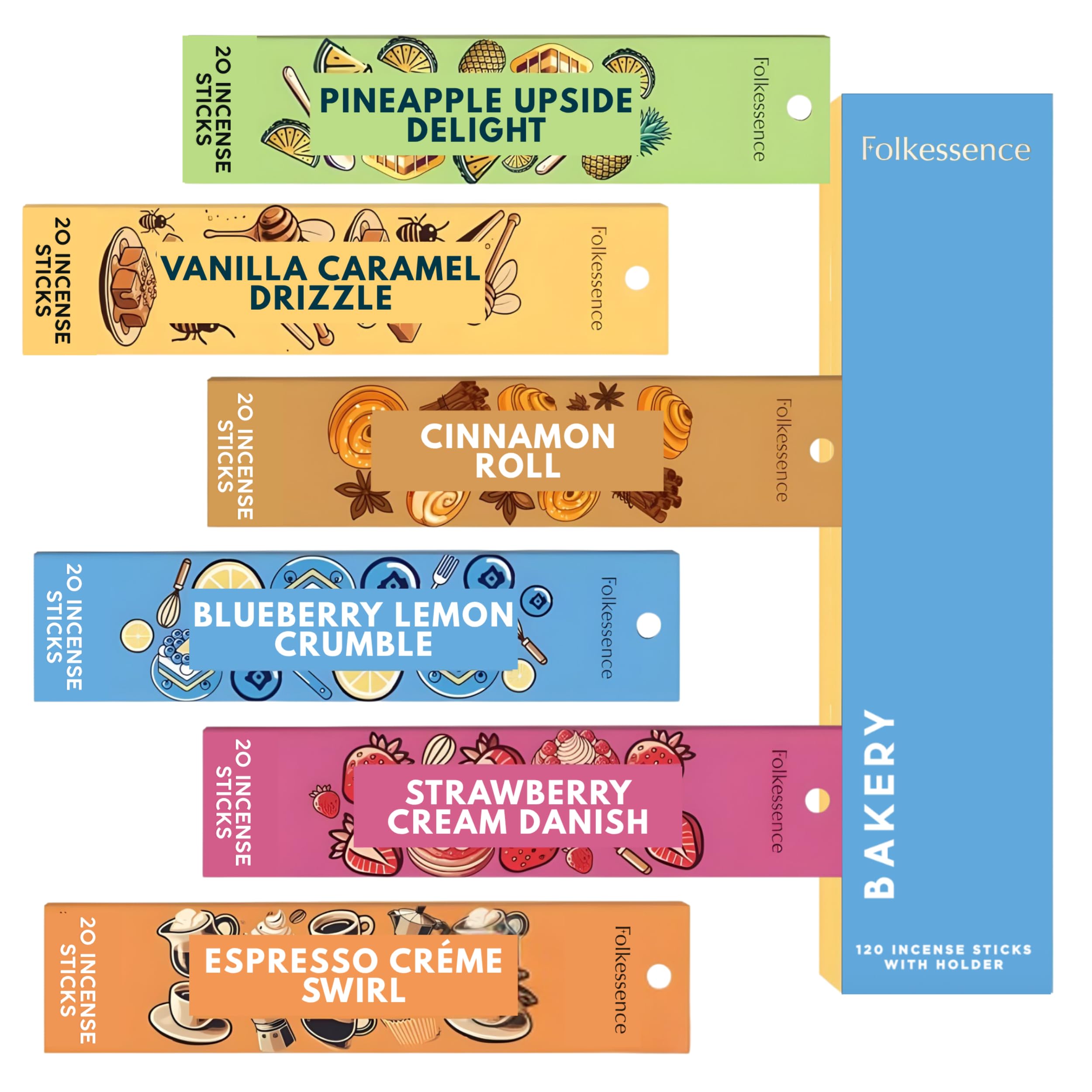 Folkulture Bakery Incense Sticks With Holder (120 Sticks) | Set Of 6 Incense Sticks For Aromatherapy,Gifts | No Charcoal, Organic, Non Toxic, 45 Mins, Long Burning Vanilla, Caramel, Strawberry Insence-Sticks