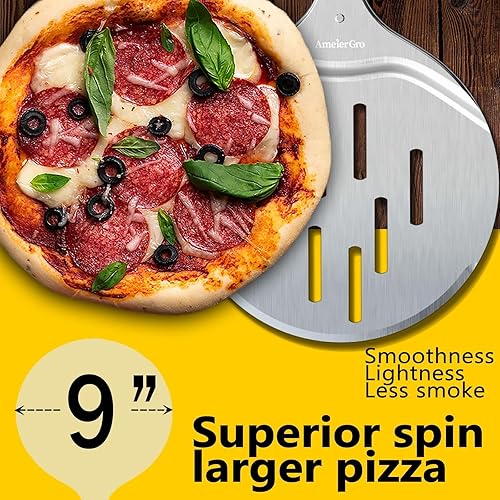Miniatura 5 de AmeierGro Pala giratoria y giradora de pizza de 9 pulgadas, accesorios para horno de pizza, cucharas giratorias de pizza Pala con mango extensible