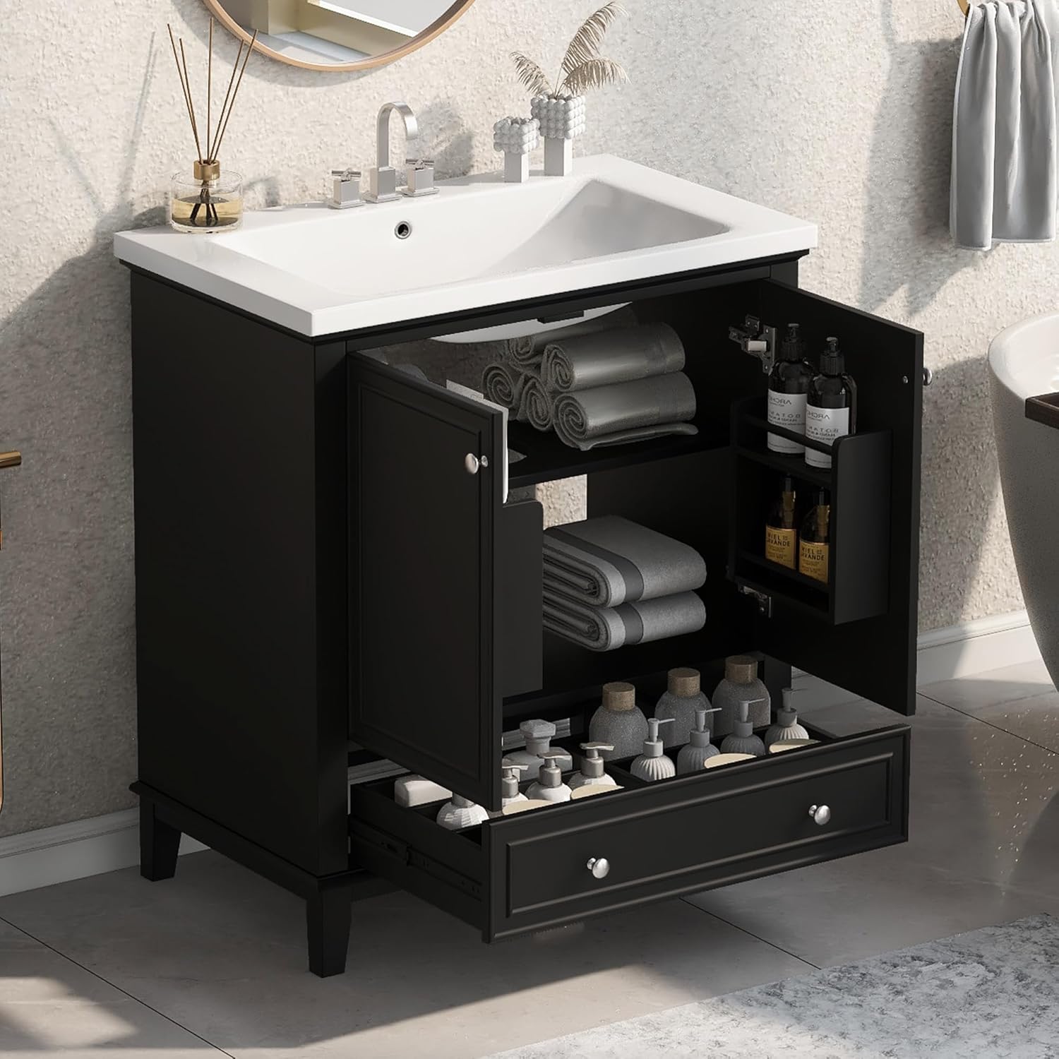 LZ LEISURE ZONE 30" Bathroom Vanity with Sink Combo, Multi-Functional Bathroom Cabinet with Doors and Drawer, Solid Frame and MDF Board, Black