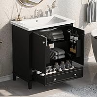 Vista 13 de Harper & Bright Designs Tocador de baño de 24 pulgadas con lavabo, tocador de lavabo individual independiente con una puerta y 3 cajones de cierre