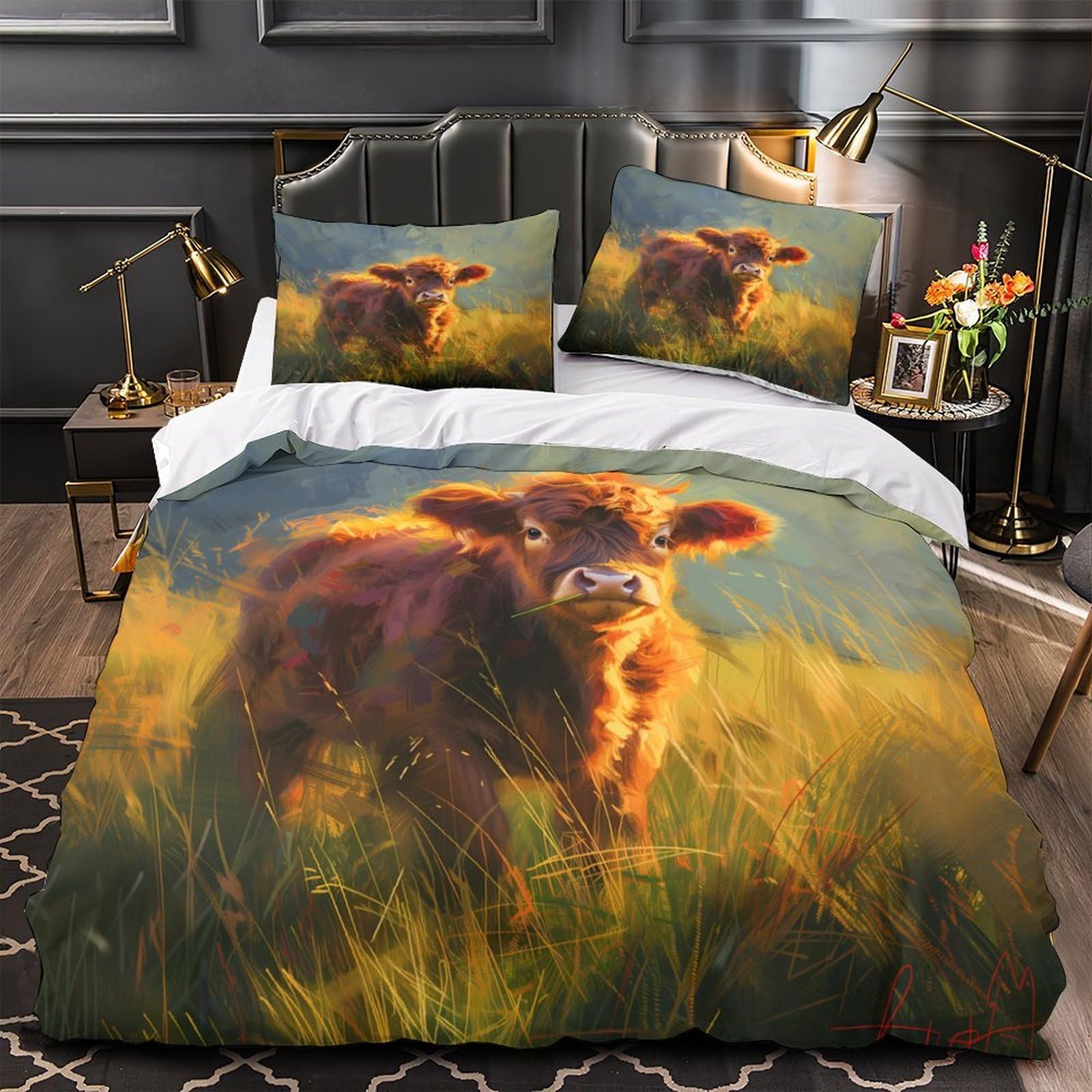 Housse de couette 3D veau mignon super king drap de lit imprimé rustique avec taies