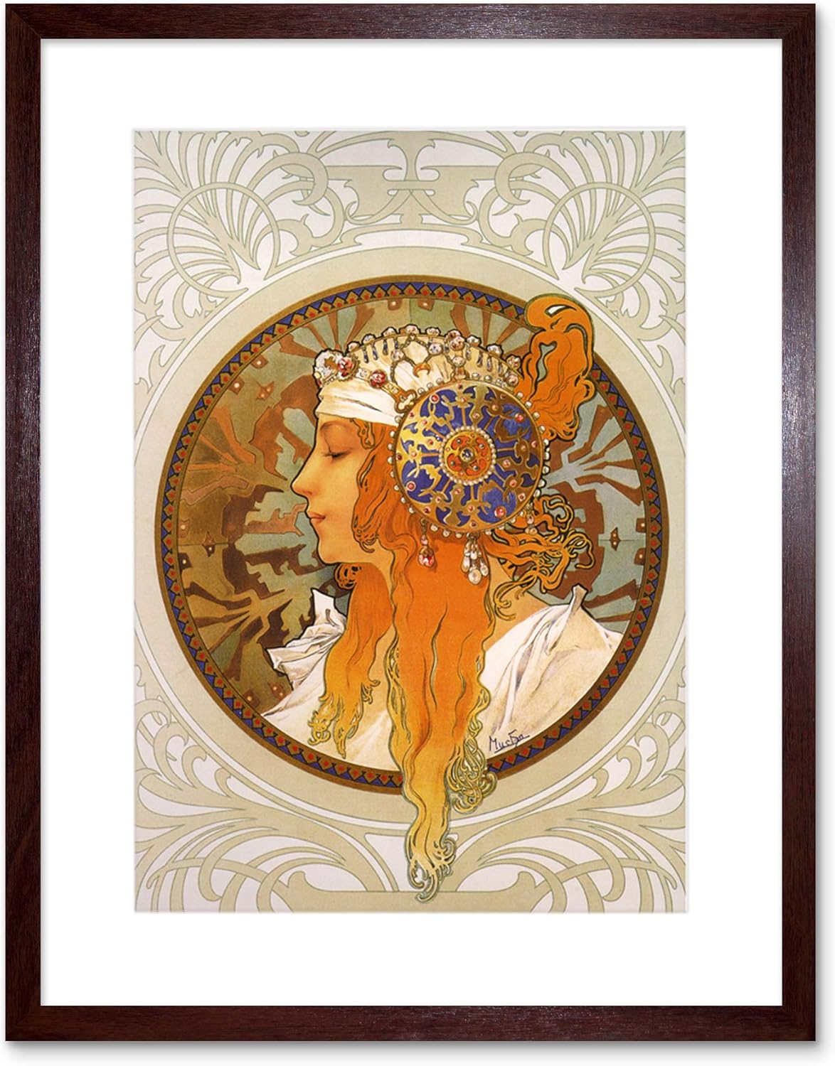 Mucha Byzantine Head Blonde Headdress Artwork Framed Wall Art Print 9X7 Inch