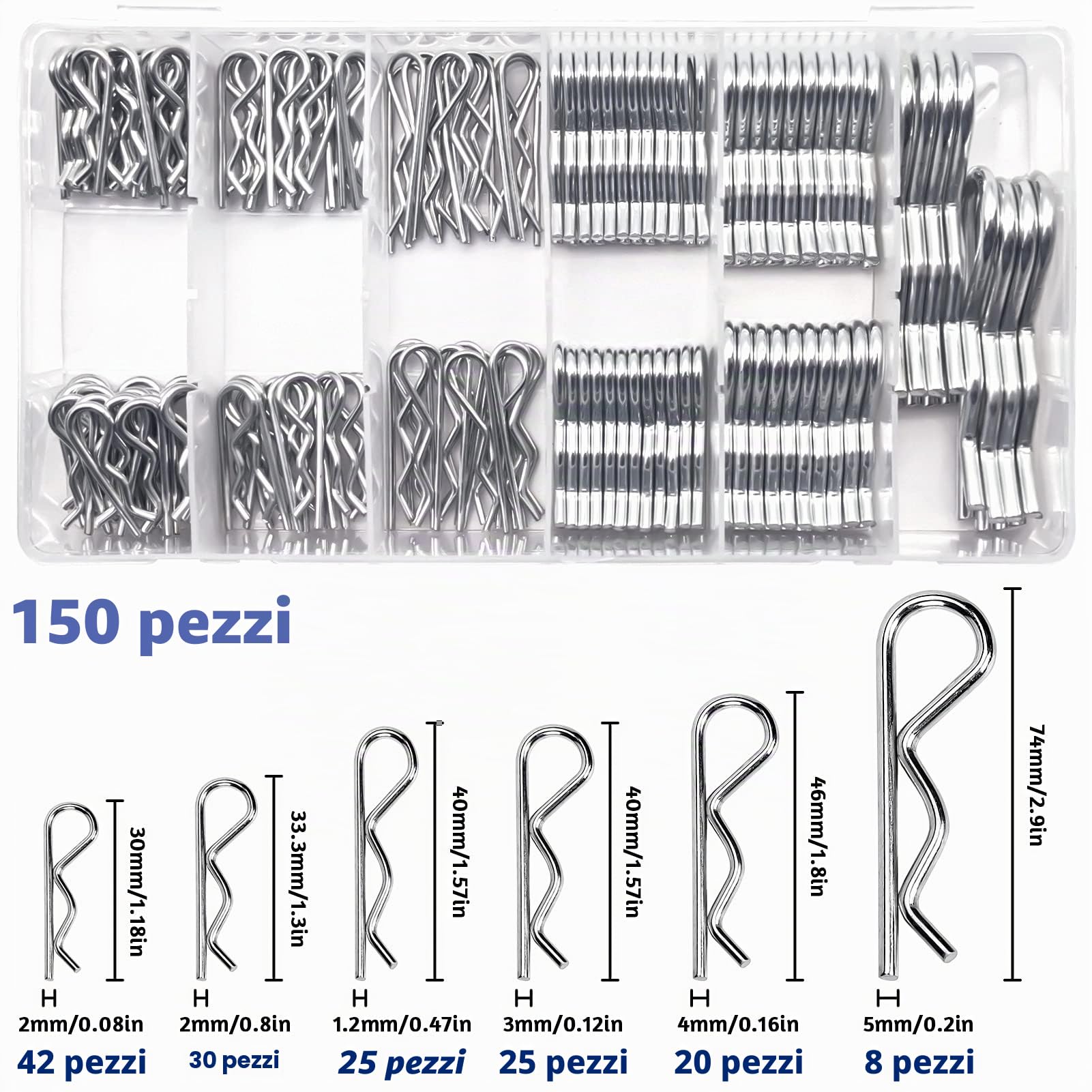 150 pezzi Copiglie, R Clip Perni di Fissaggio Clip Coppiglia di Fissaggio in Acciaio Inossidabile, coppiglia a molla in acciaio inox, 6 diverse misure