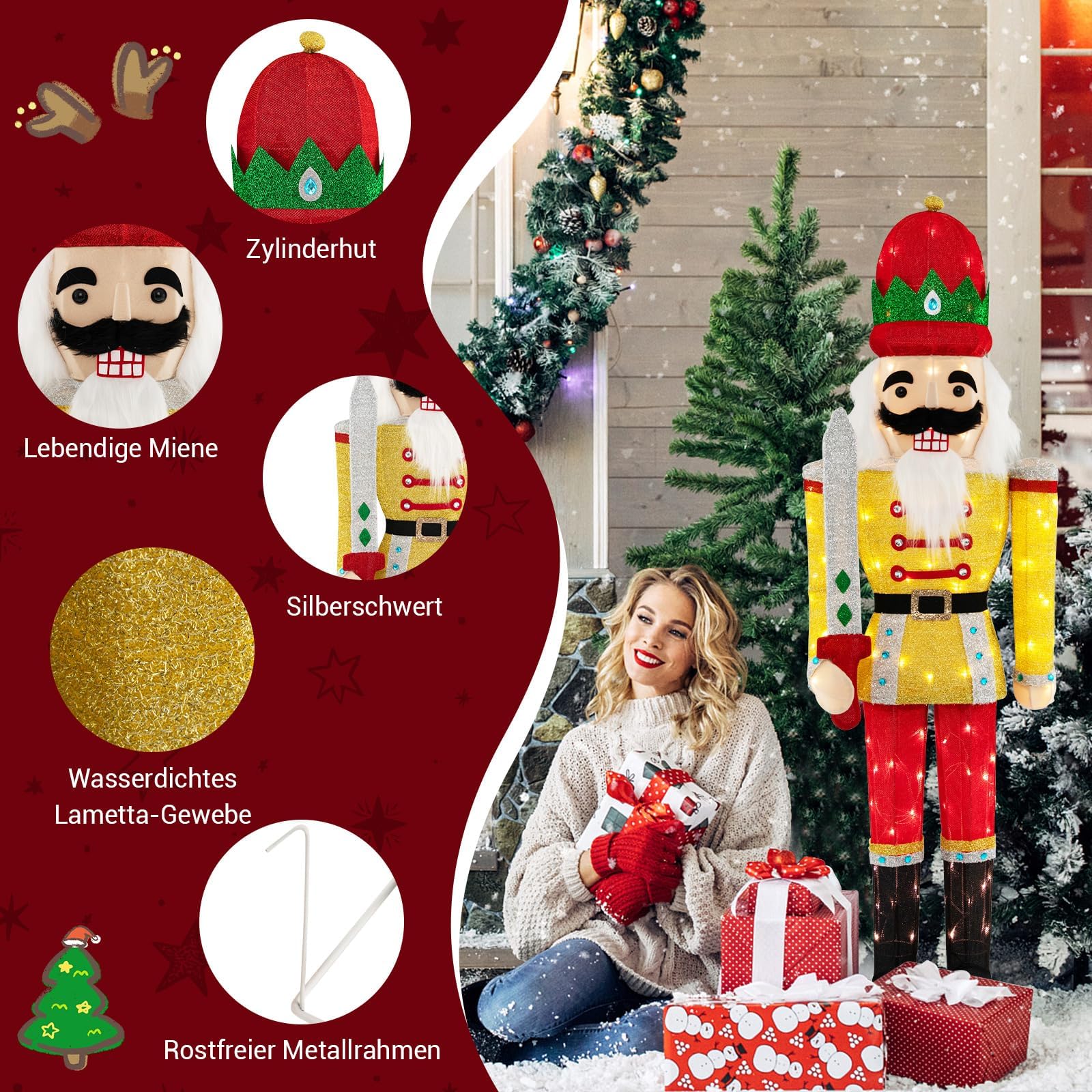 COSTWAY Weihnachten Nussknacker Figur groß, beleuchtete Weihnachtsdeko XXL, 166 cm Weihnachtsfigur mit LED-Lichtern, Weihnachtsdekoration, Weihnachtsbeleuchtung für außen und innen