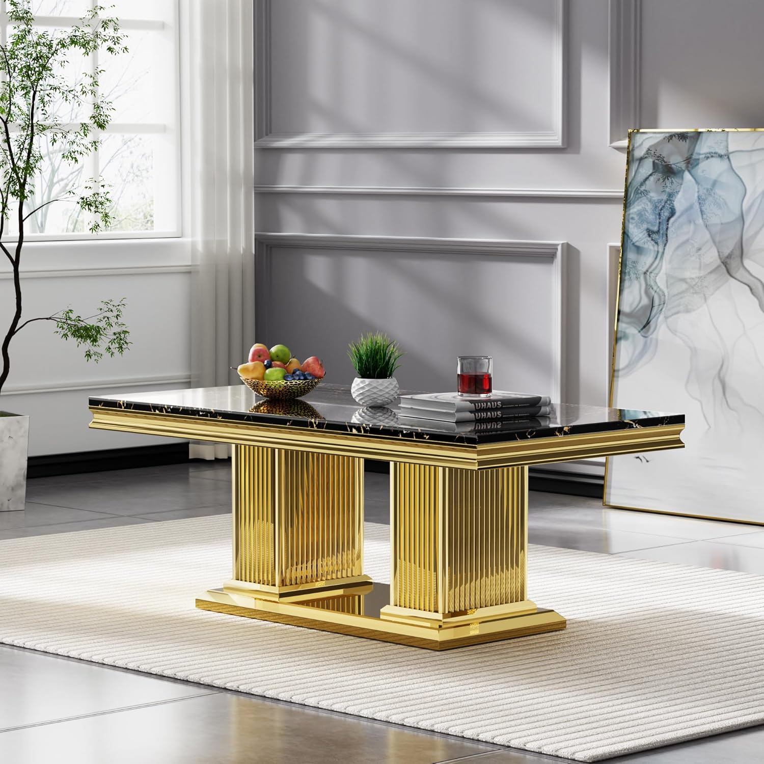 Luxury Black Marble Coffee Table, 47 inch Rectangular Faux Marble Coffee Table with Gold Mirrored Finish Stainless Steel Double Column Base, Modern Coffee Tables for Living Room, Apartment, Home Decor