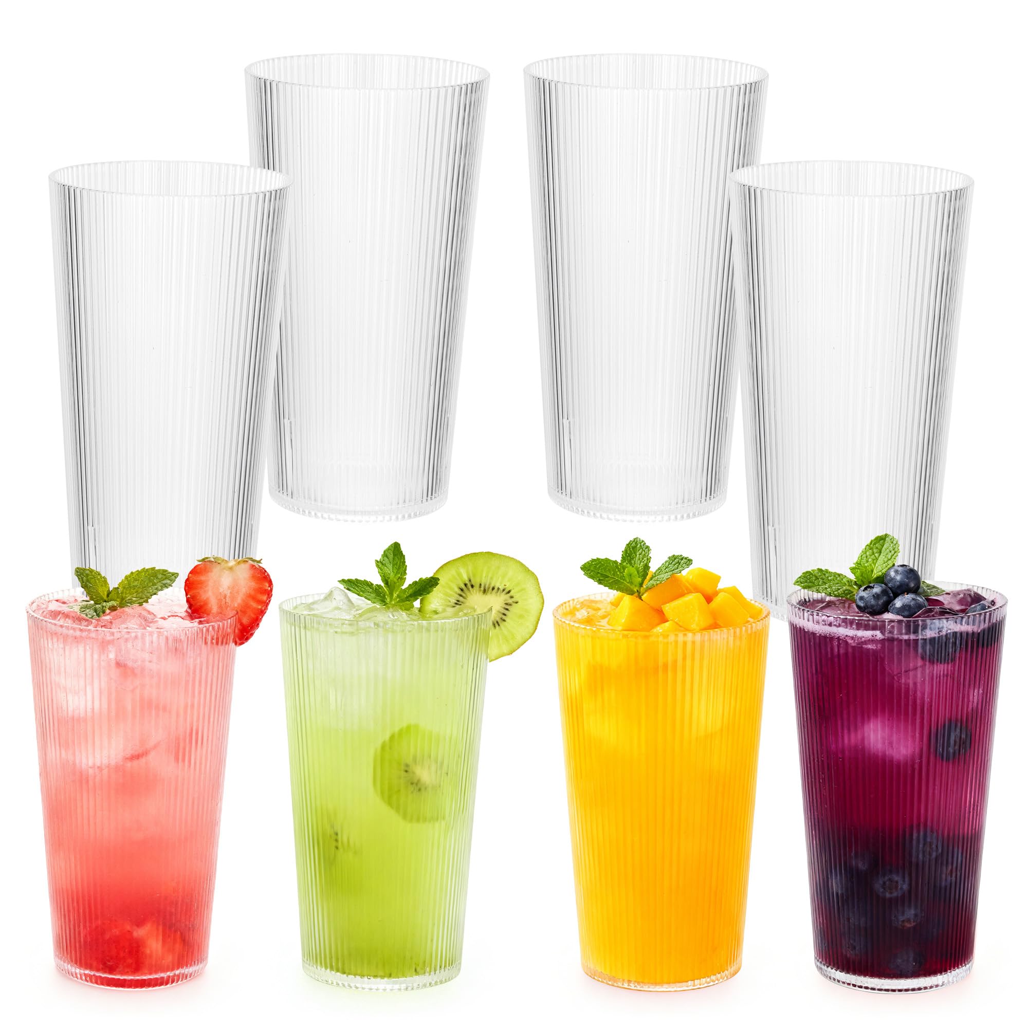 WeeGoo 8 Pcs Acrylic Plastic Tumblers with Stripe Design, 480ml/16oz, Clear