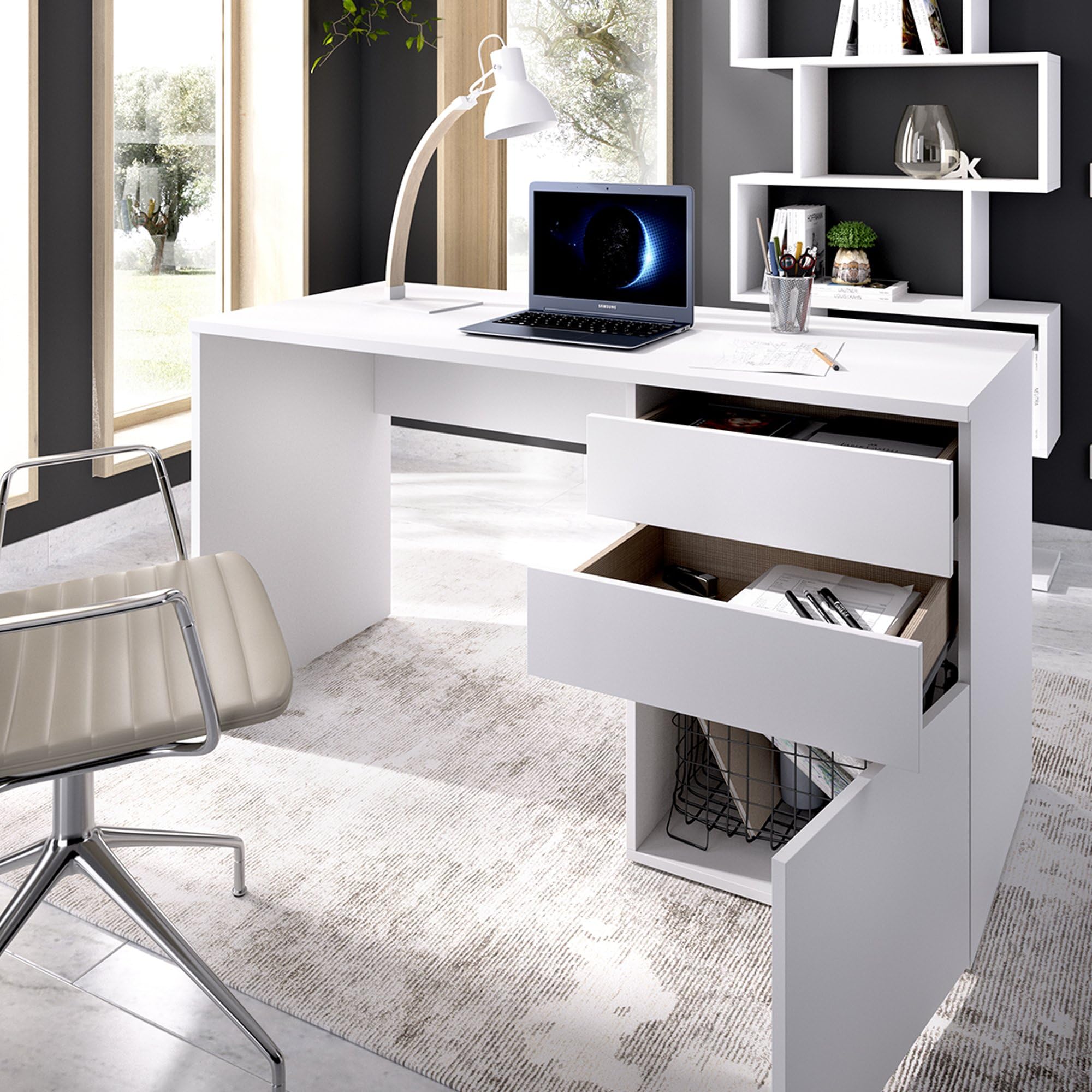 Dmora - Scrivania Lagoni, Scrittoio multiuso da ufficio o cameretta, Tavolo da studio lineare con 2 cassetti e 1 anta, 139x60h75 cm, Bianco